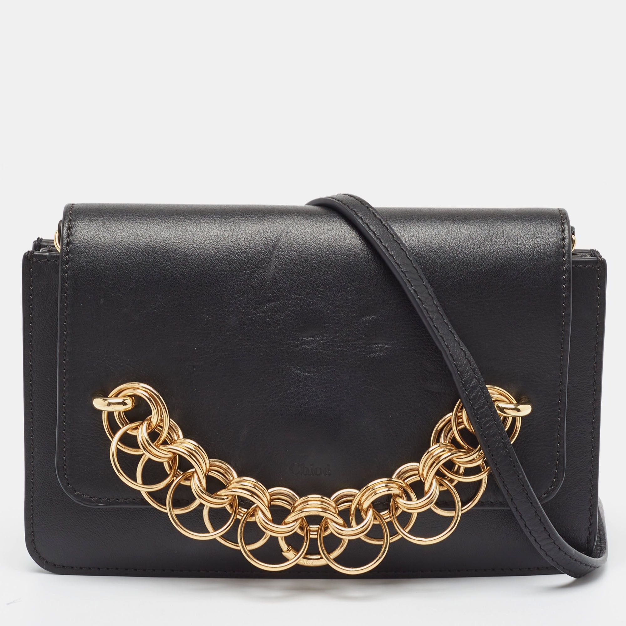 image of Chloe Black Leather Drew Bijou Clutch, Women's