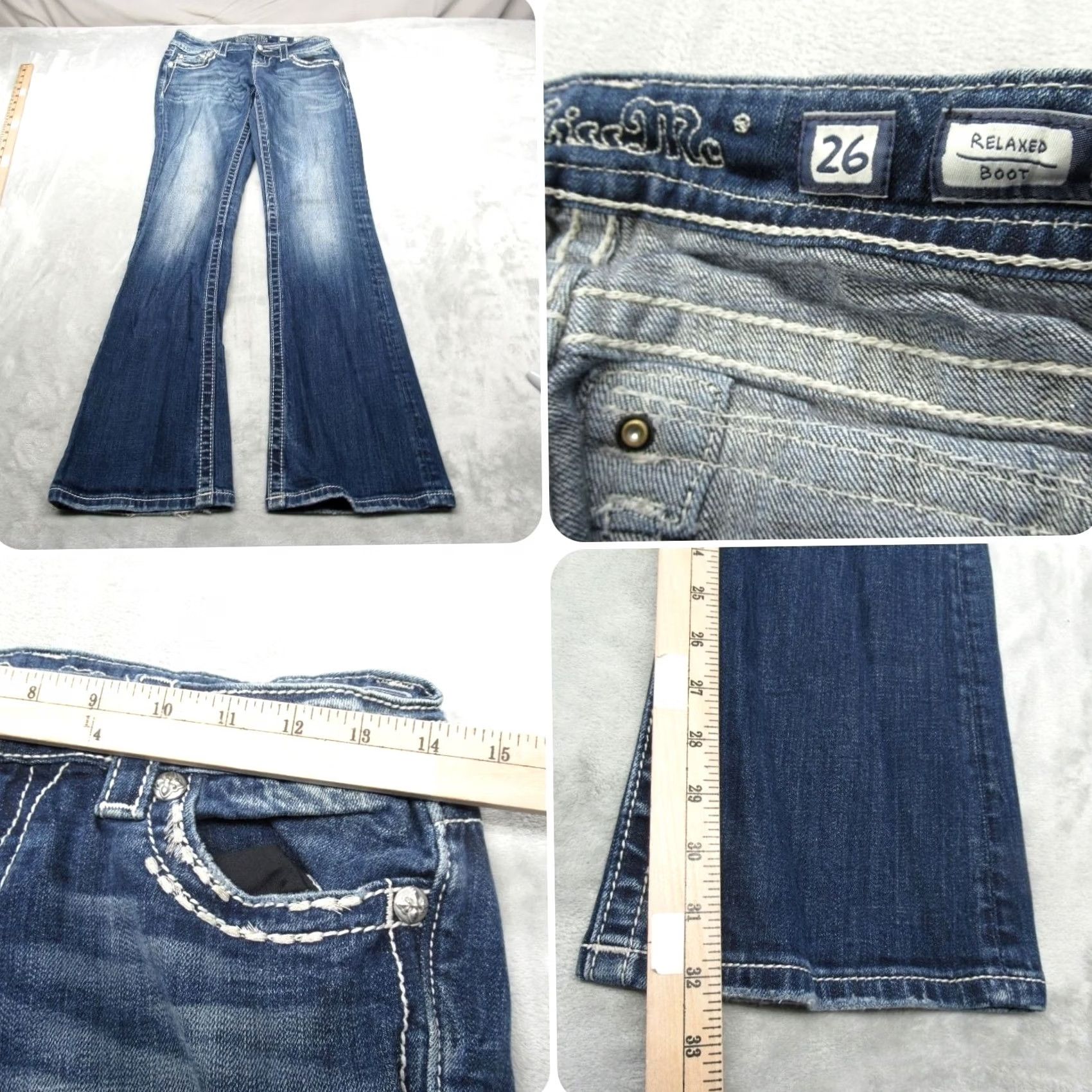 Miss Me Miss Me Jeans Women Bootcut Denim 28x32 Dark Blue Embroidered Rhinestone Pockets Stretch Comfort Relaxed Baggy Leadin Size 28" / US 6 / IT 42 - 2 Thumbnail