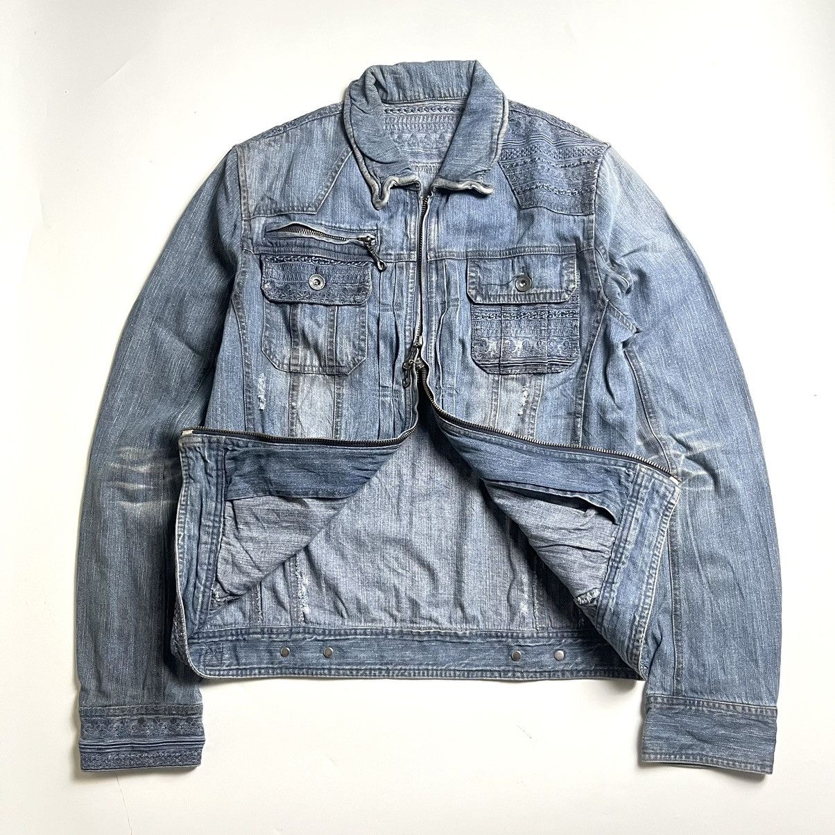 Japanese Brand Semantic Unique Pattern double zipper denim jacket Size US S / EU 44-46 / 1 - 4 Thumbnail