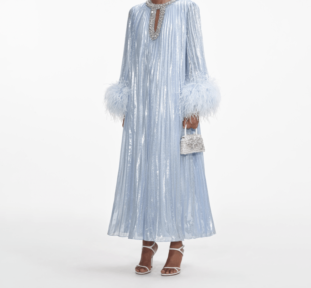 Self-Portrait Women's Blue Feather-Trimmed Metallic Chiffon Midi Dress Size S / US 4 / IT 40 - 1 Thumbnail