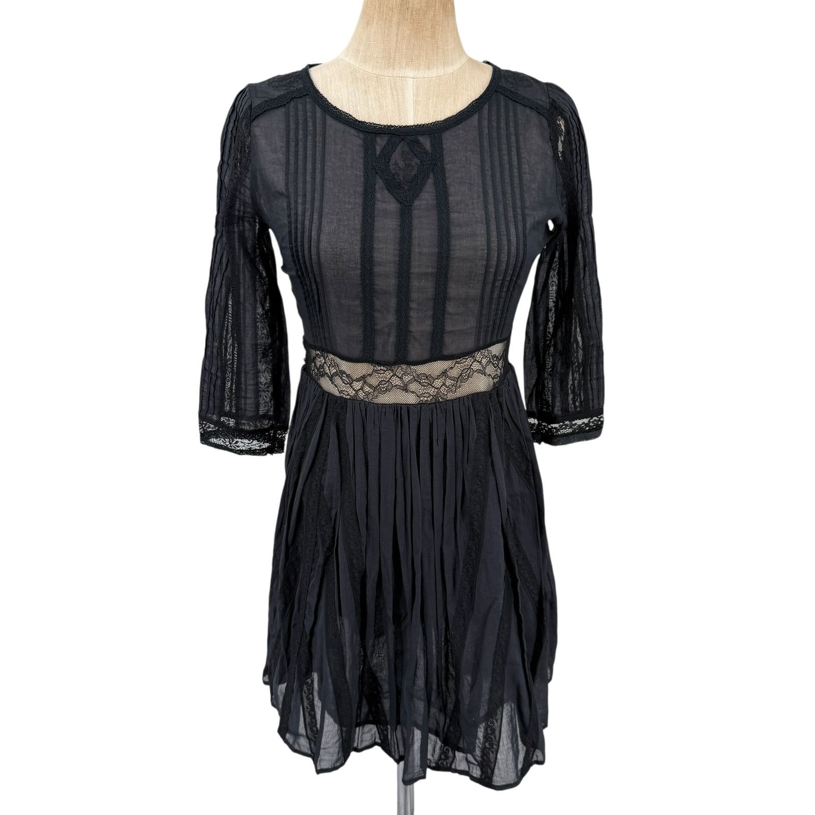 Free People Black Sheer Embroidered Lace Mini Dress Boho