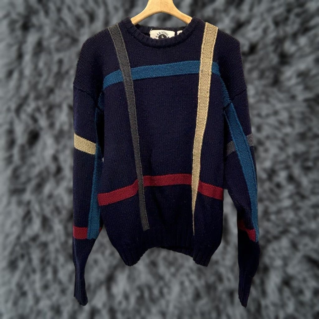 Vintage VINTAGE Saratoga Sweater Crew Neck Geometric Wool Heavyweight Men Large 90s 100% Wool Pullover Mens Blue Size US L / EU 52-54 / 3 - 1 Thumbnail