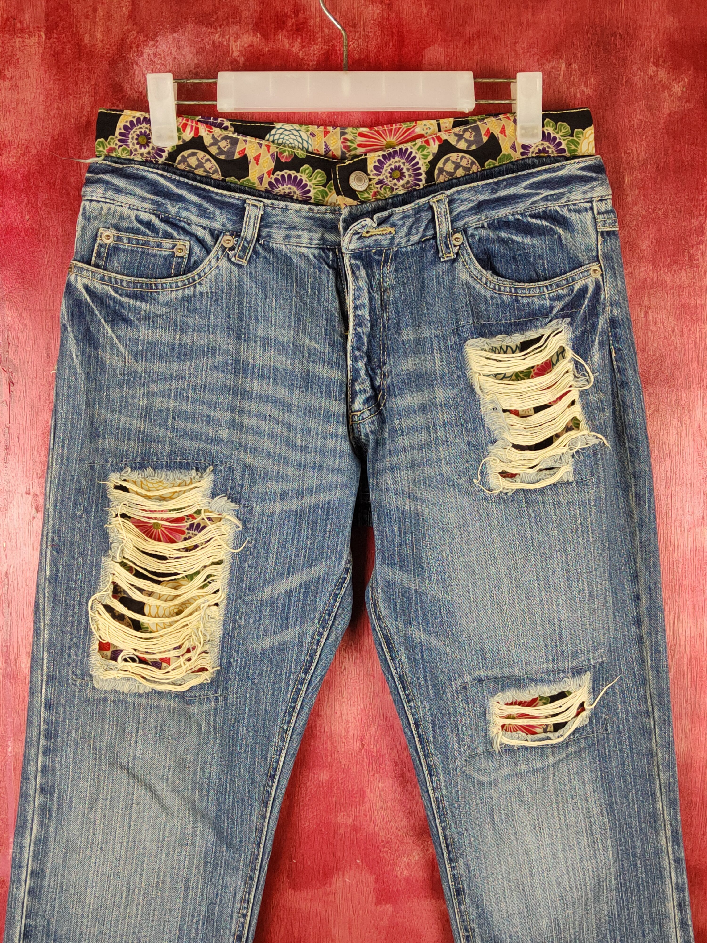 Japanese Brand Double Waist Japan Blue Distressed ripped Denim #S1516 Size 31" - 3 Thumbnail