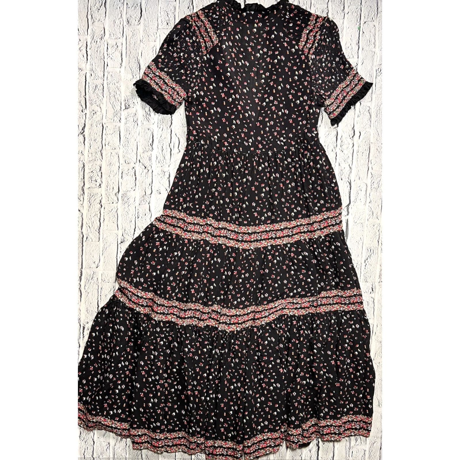 Free People Free People Dress Maxi Bohemian Print Floral Black XS Short Sleeve Button Layered Vintage No Size XS / US 0-2 / IT 36-38 - 6 Thumbnail
