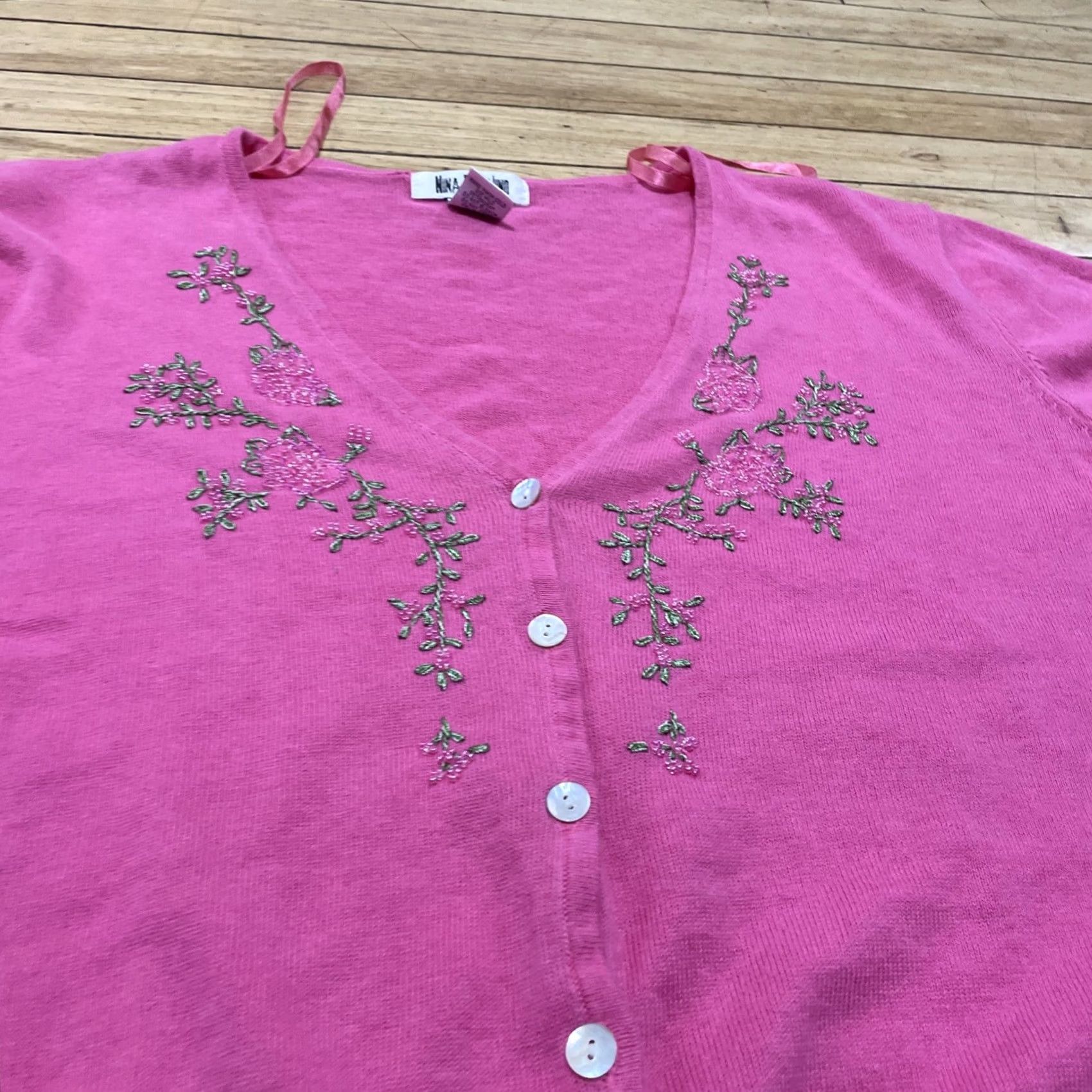 Vintage Nina Piccalino Vtg 90s Pink Cardigan Knit Shirt Women Slim 16 Y2k Beaded Floral Size XXL / US 16-18 / IT 52-54 - 4 Thumbnail