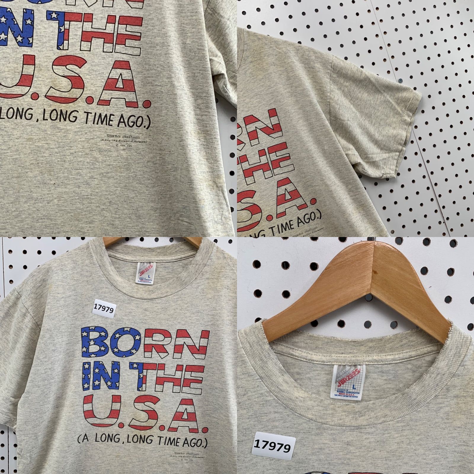Jerzees Vintage Born In The USA Shirt Gray Mens L Short Sleeve USA Flag Funny TEE 20X27 Size US L / EU 52-54 / 3 - 8 Thumbnail