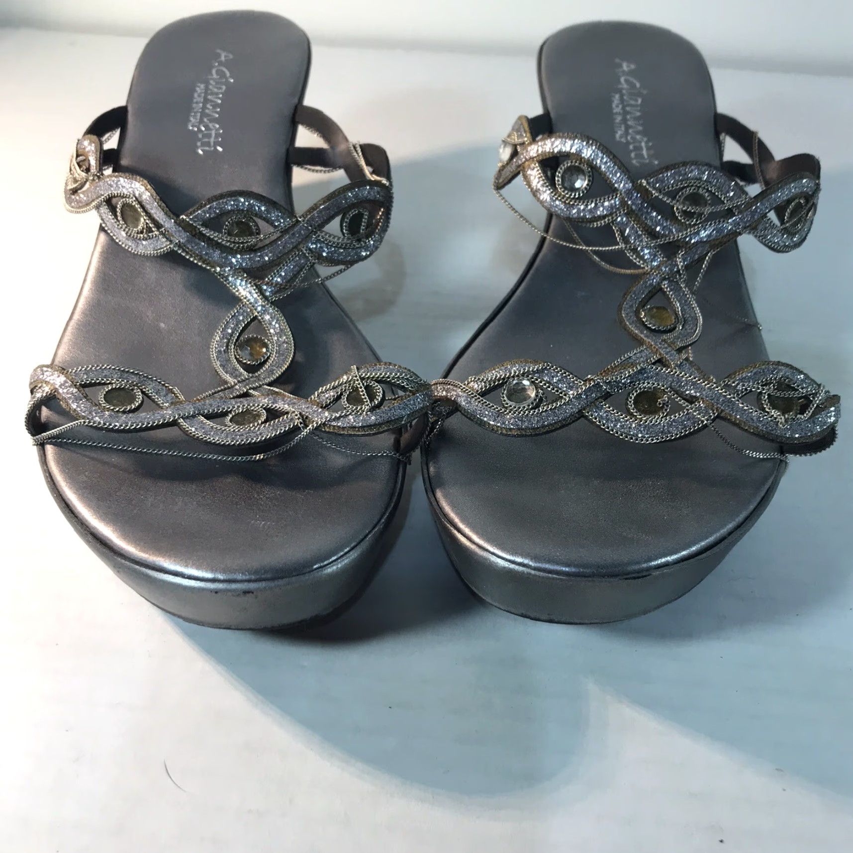 Vintage A. Gianetti Silver Wedge Slides Womens Size 7.5 Synthetic Dressy Sandal Italy Size US 7.5 / IT 37.5 - 5 Thumbnail