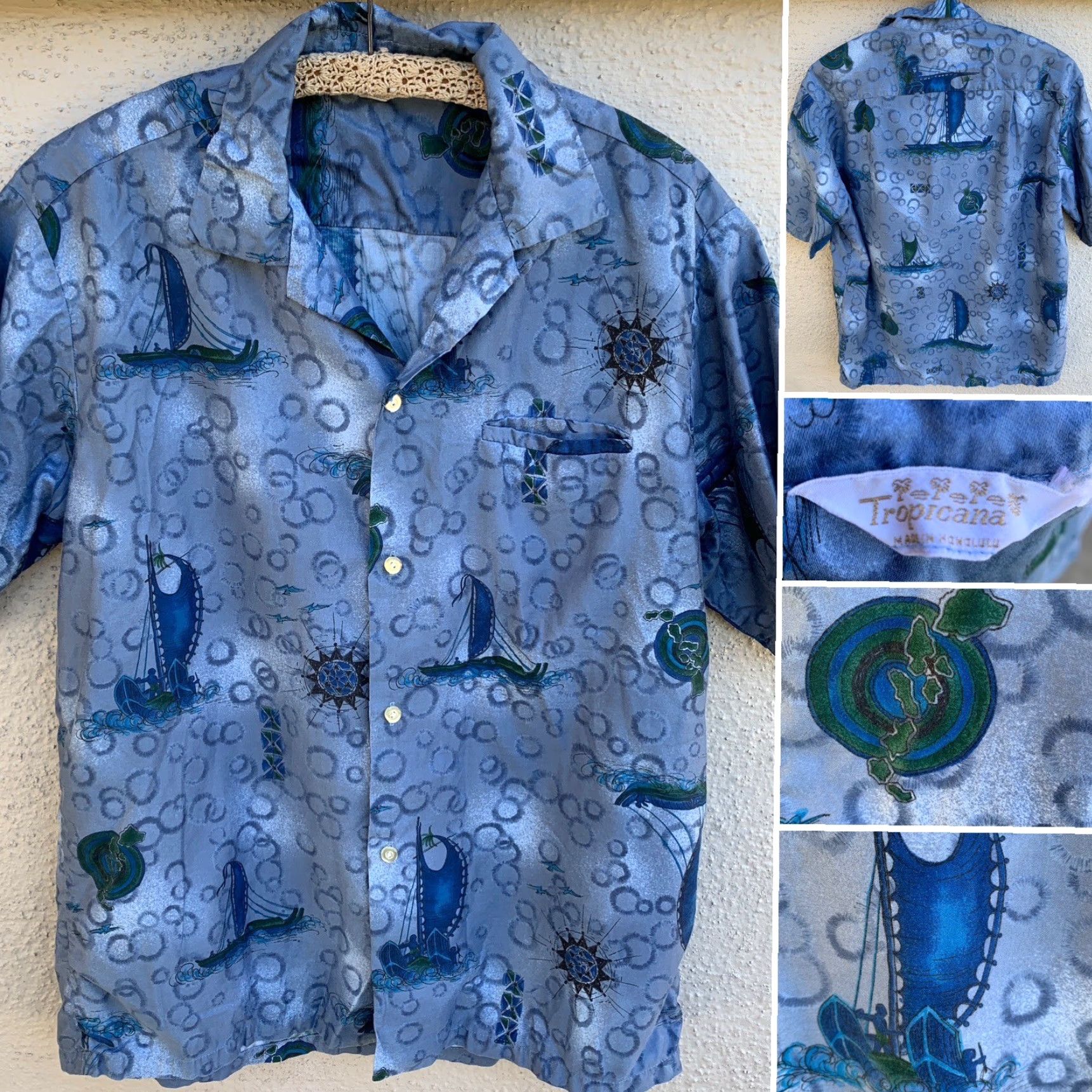 ALOHAS VINTAGE Tropicana Hawaiian Shirt Short Sleeve L Blue Loop Collar Aloha Tiki Made In Honolulu Hawaii Tropicana Look: Sportswear/Beach Size US L / EU 52-54 / 3 - 2 Thumbnail
