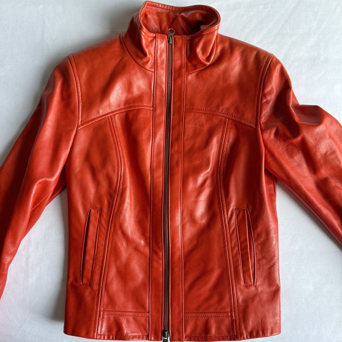 Danier Vintage 90s Orange Genuine Leather Jacket Size XS / US 0-2 / IT 36-38 - 2 Thumbnail