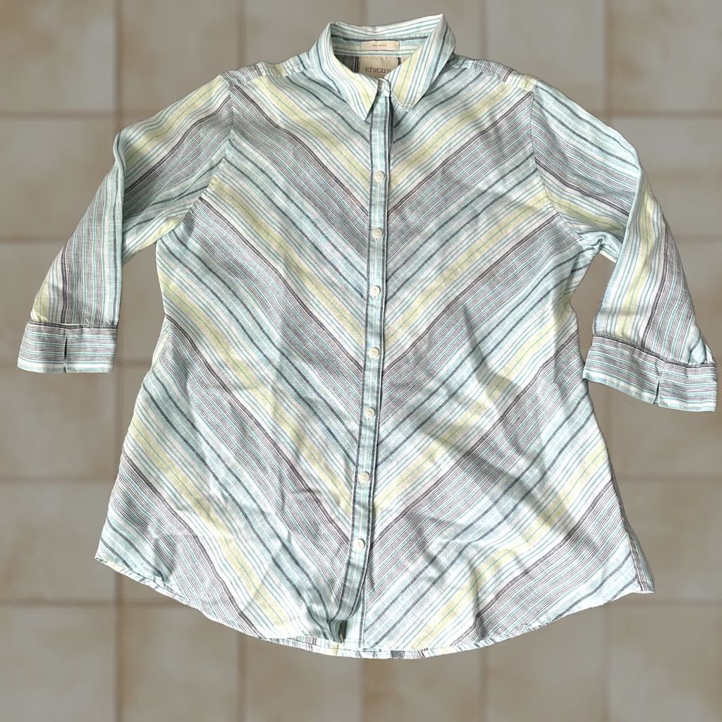 Vintage VINTAGE Chico's Shirt Womens 0P Petite Blue Linen Button-Up Blouse LS? Size XS / US 0-2 / IT 36-38 - 1 Thumbnail