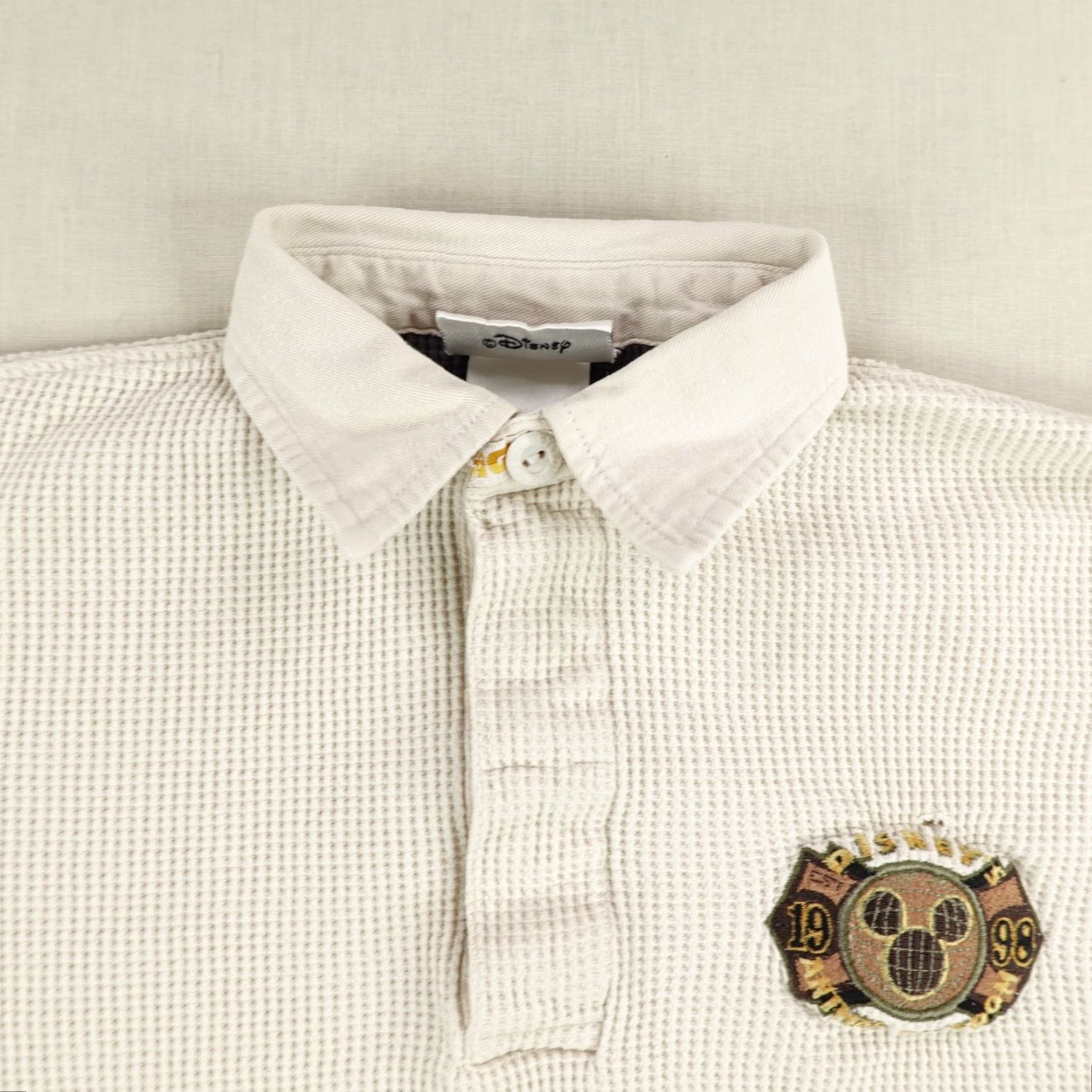 VINTAGE Disney Polo Shirt Mens Small Beige Long Sleeve Waffle Knit Thermal 1998 Animal Theme