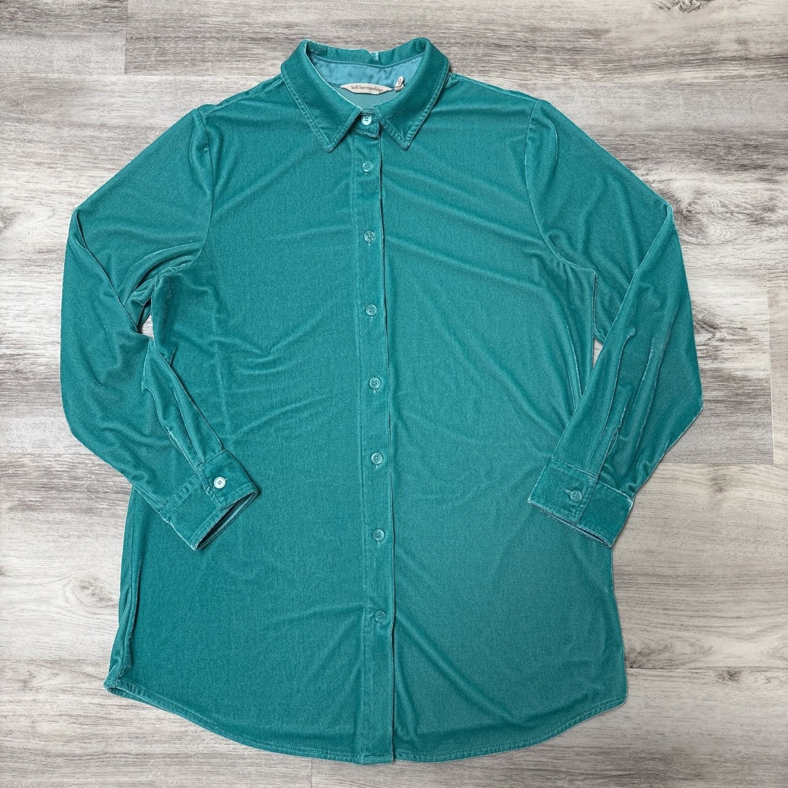 Other Soft Surroundings Velvet Boyfriend Shirt Womens Small Teal T Size S / US 4 / IT 40 - 4 Thumbnail