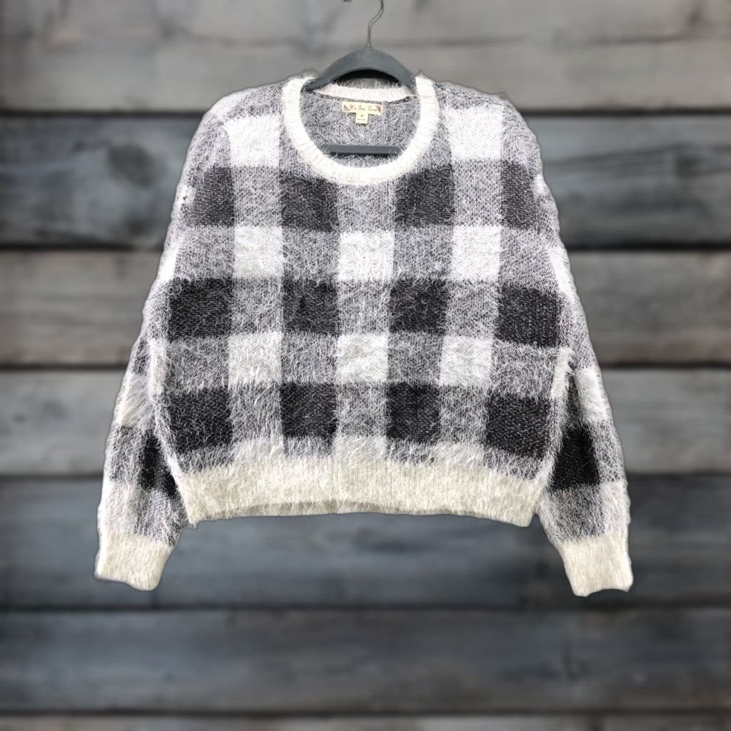 Vintage It's Our Time Women's M Fuzzy Black White Plaid Crewneck Sweater Casual Long Sleeve Stretch Retro Size M / US 6-8 / IT 42-44 - 1 Thumbnail