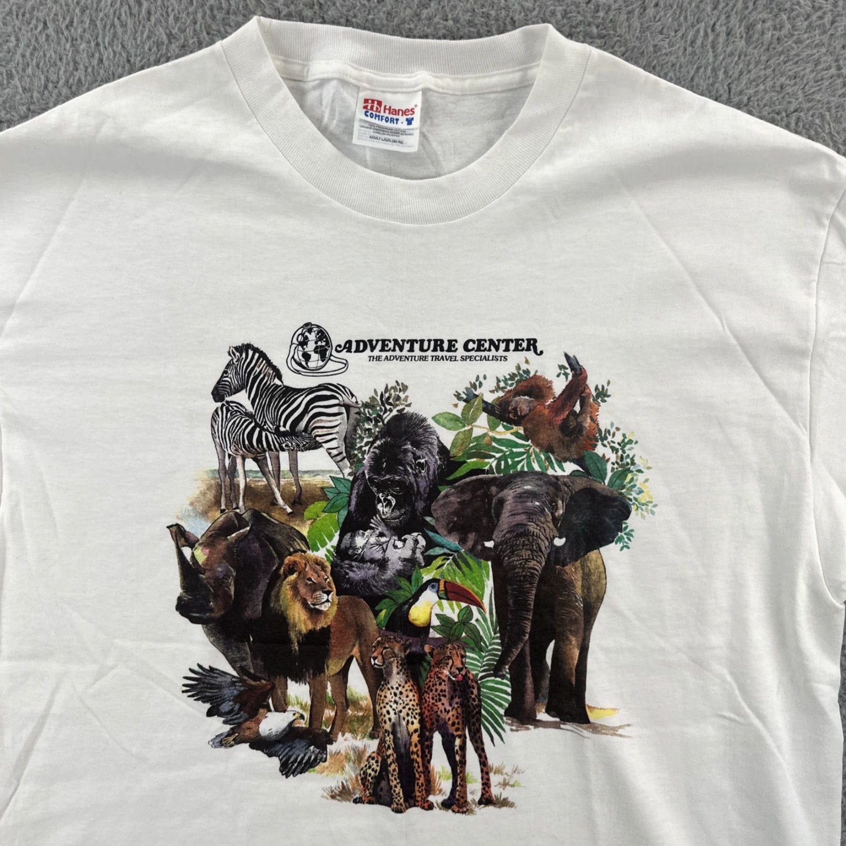 Hanes VINTAGE Hanes Comfort-T Mens L White T Shirt 90s African Animal Graphic Print Size US L / EU 52-54 / 3 - 5 Thumbnail