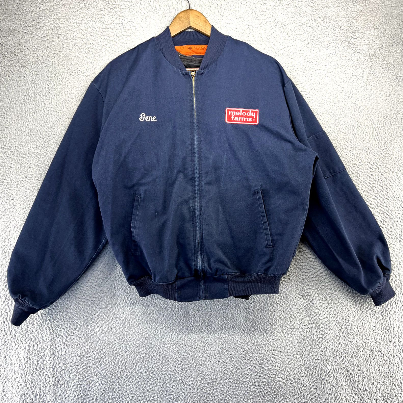 image of Vintage Melody Farms Jacket Men's Large Blue Zip Bomber Talon Stitched Name 70's in White