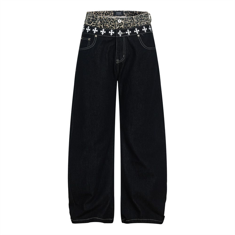 Jean Men's trendy leopard print patchwork faux two-piece jeans Size US 32 / EU 48 - 2 Thumbnail