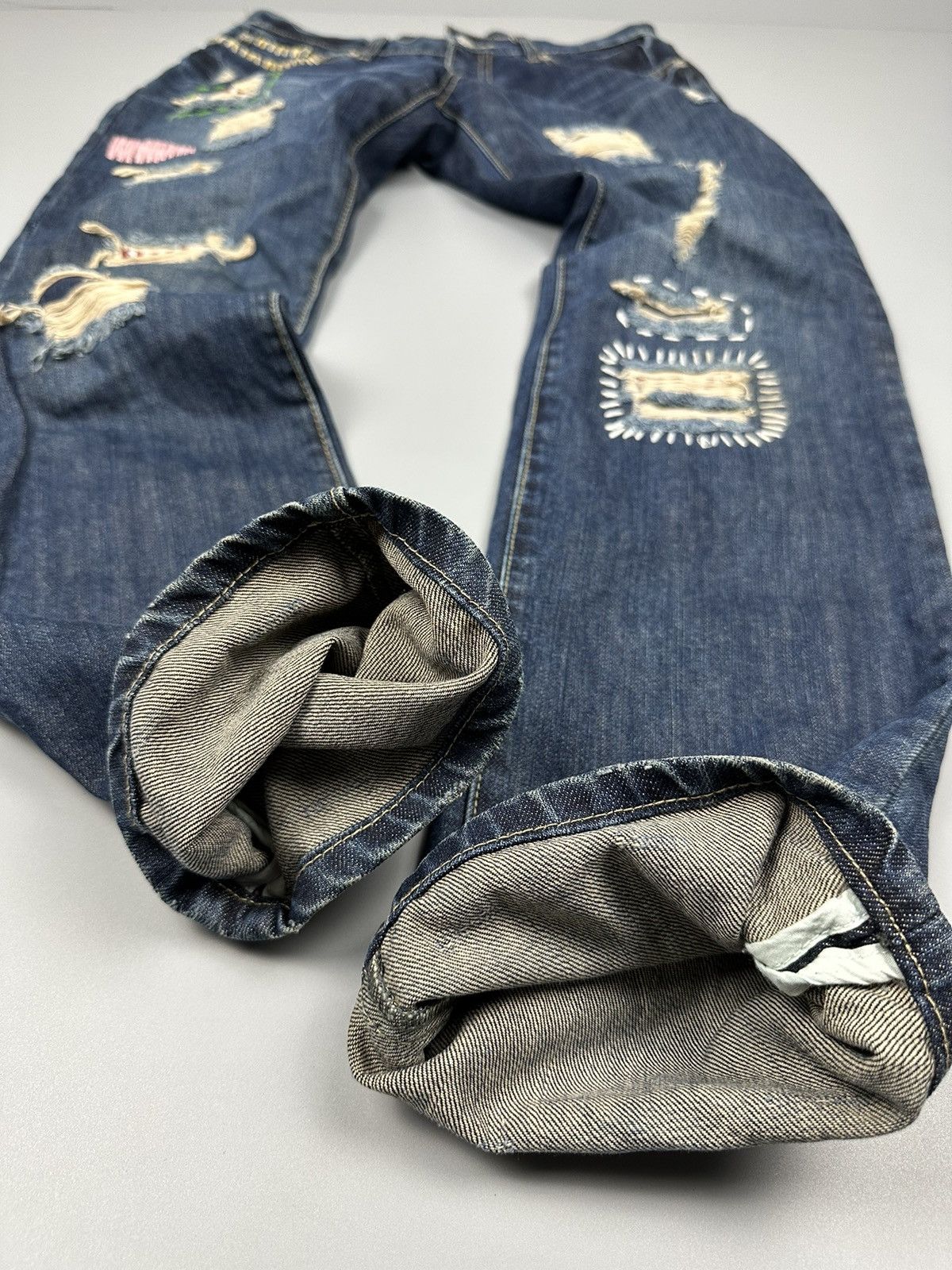 If Six Was Nine × Le Grande Bleu (L.G.B.) Distressed Japanese Brand Sashiko Patchwork Denim Size US 31 - 7 Thumbnail