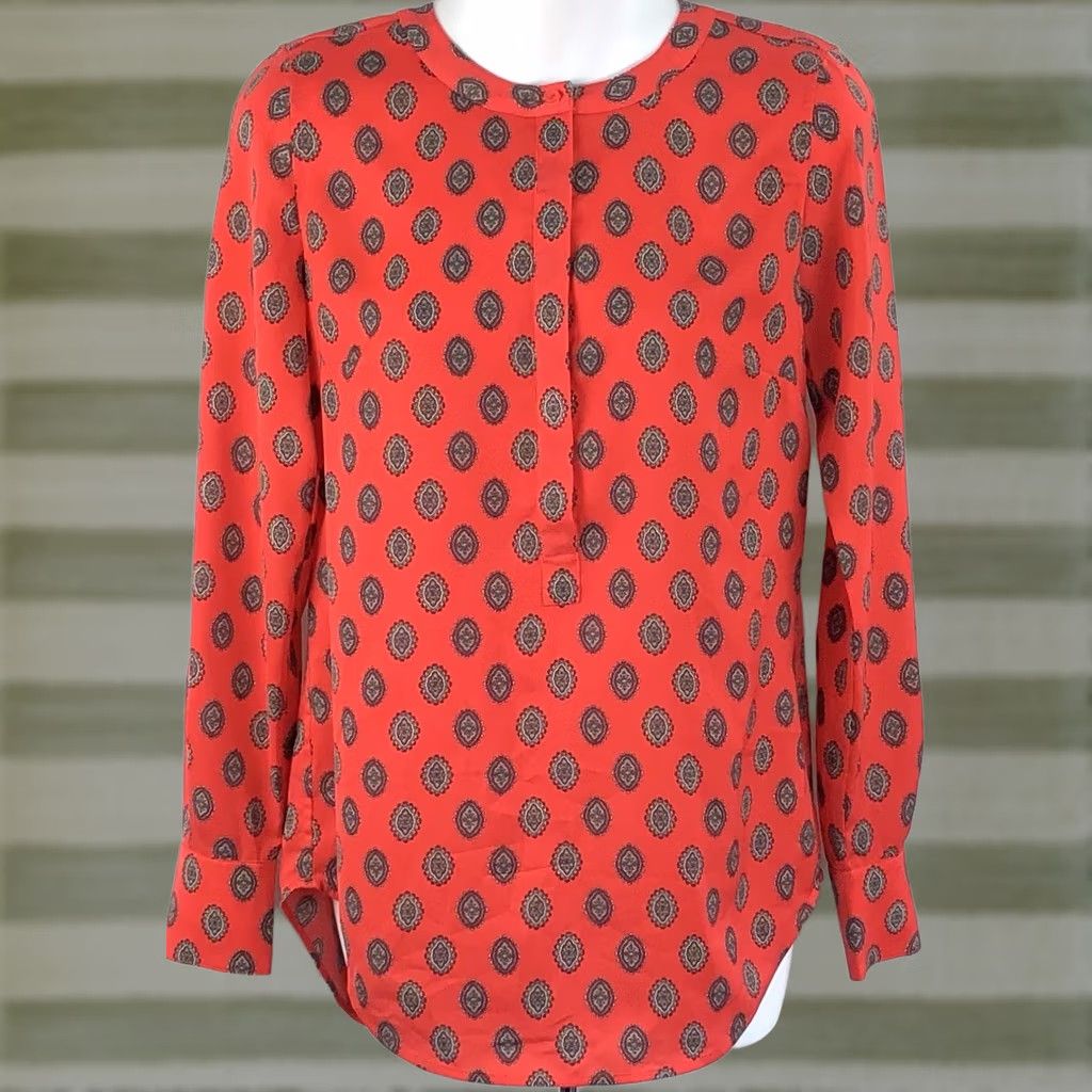 J.Crew J.CREW Silky Top Blouse XS Red Geometric Print 1/2 Button Long Sleeve Office Career Size XXS / US 00 / IT 34 - 1 Thumbnail