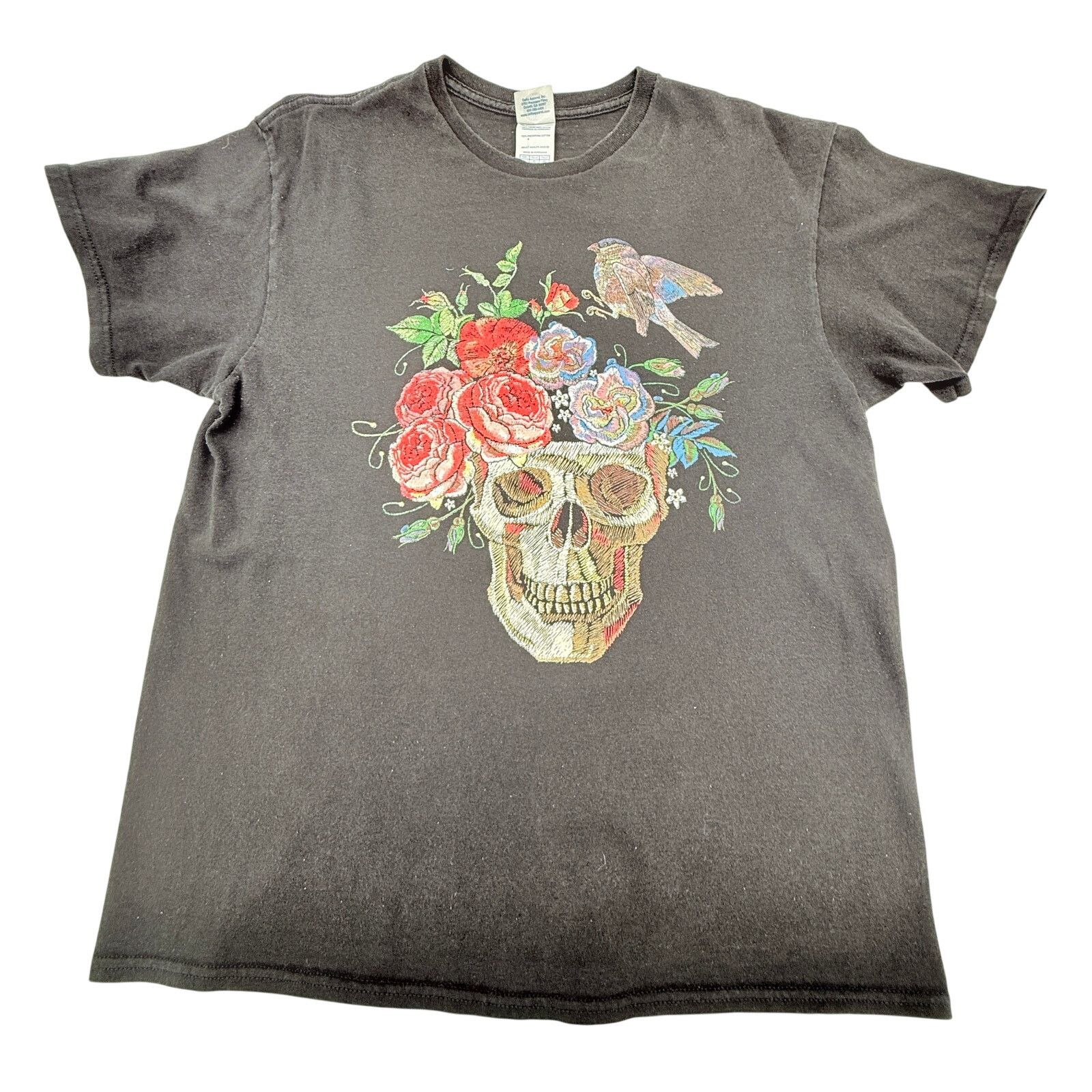 Delta Delta Floral Skull Bird Graphic T-Shirt Black Large Size US L / EU 52-54 / 3 - 2 Thumbnail