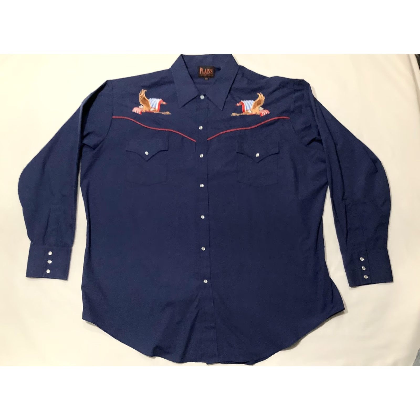 Vintage Plains Western Wear Shirt Mens 2XL Blue Eagle Flag Embroidered Pearl Snap Size US XXL / EU 58 / 5 - 2 Thumbnail