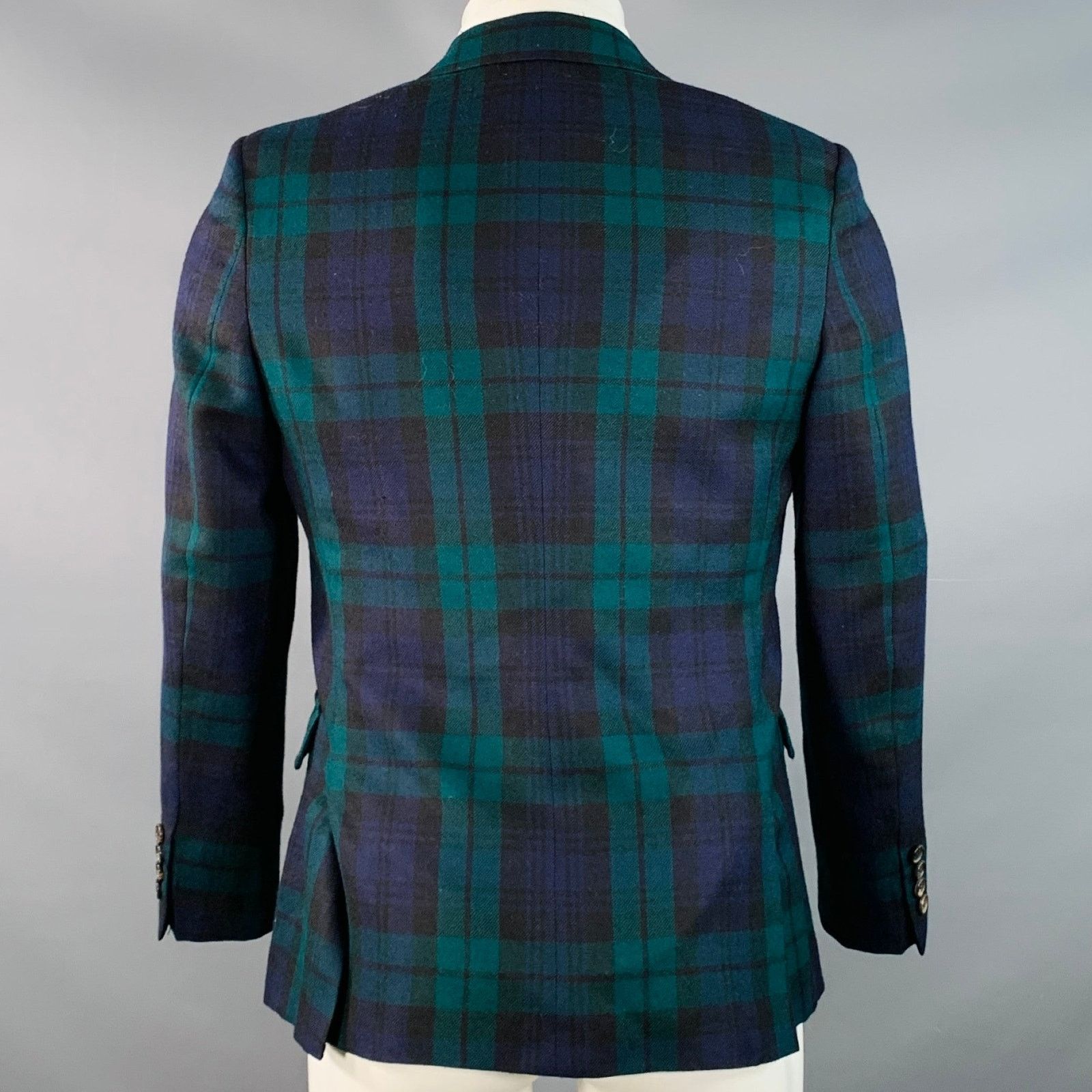 Band Of Outsiders BAND OF OUTSIDERS Green Blue Plaid Wool Twill Lapel Coat Size 40R - 4 Thumbnail