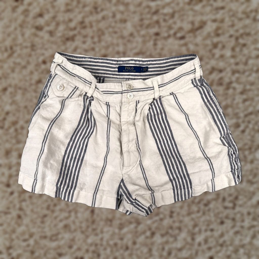Polo Ralph Lauren Polo Ralph Lauren Womens Chino Shorts Size 2 White Blue Stripe 100% Linen Elastic Waist Cargo Pocket Size 26" / US 2 / IT 38 - 1 Thumbnail