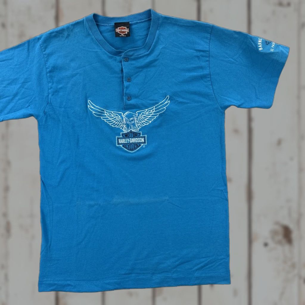 Harley Davidson VINTAGE Harley-Davidson Mens XL Embroidered Henley T Shirt Blue USA Made Size US XL / EU 56 / 4 - 1 Thumbnail
