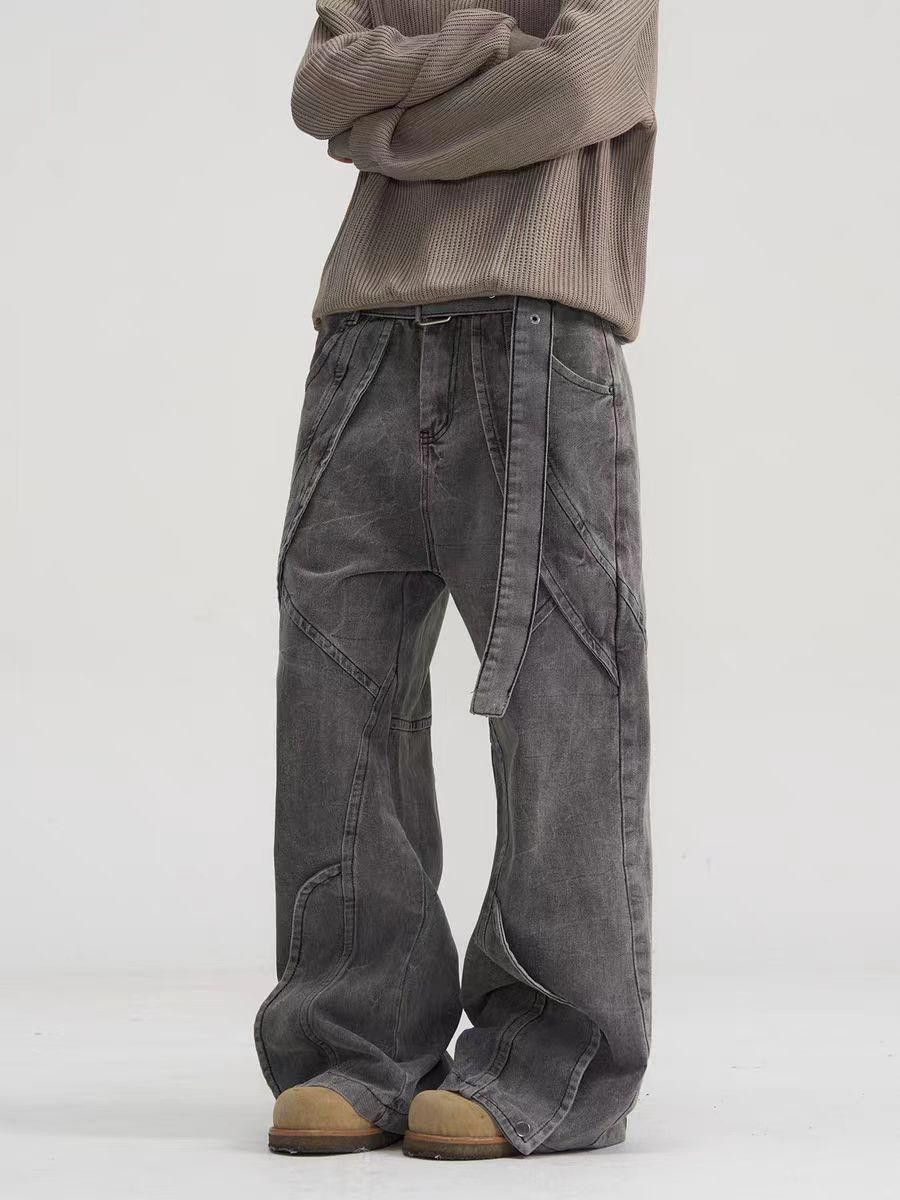 Japanese Brand Wide Leg Washed Gray Denim Jeans with Strap Size US 30 / EU 46 - 4 Thumbnail