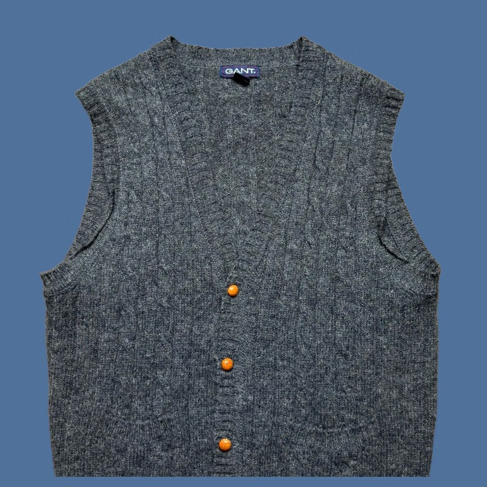 Gant VINTAGE Gant Sweater Vest Mens XL Gray Wool Cable-Knit Pockets Button Up Size US XL / EU 56 / 4 - 1 Thumbnail