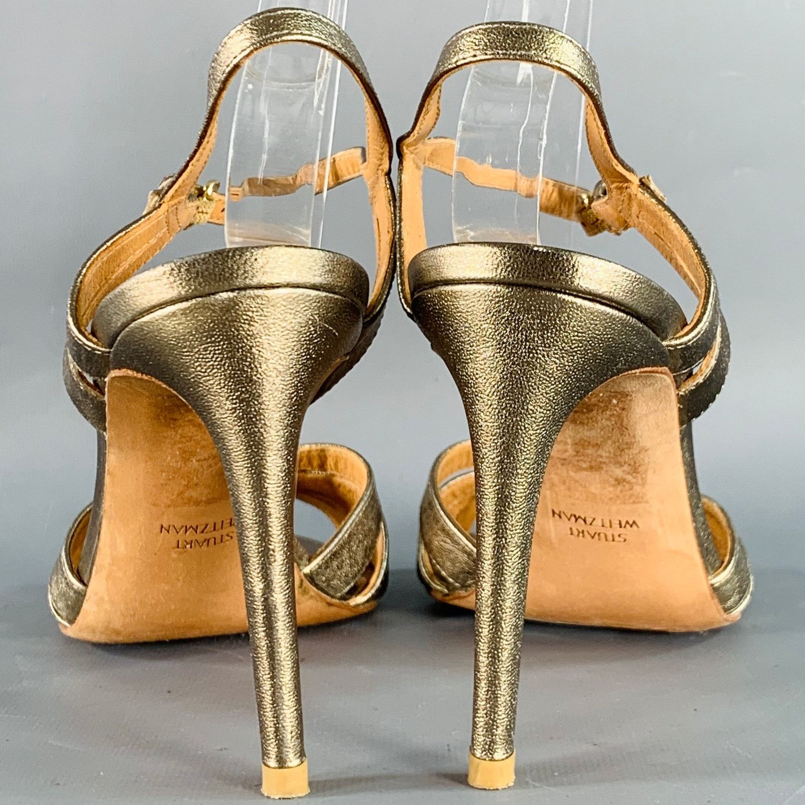 Stuart Weitzman Metallic Gold Leather Strappy Ankle Strap Sandals Size US 8 / IT 38 - 3 Thumbnail