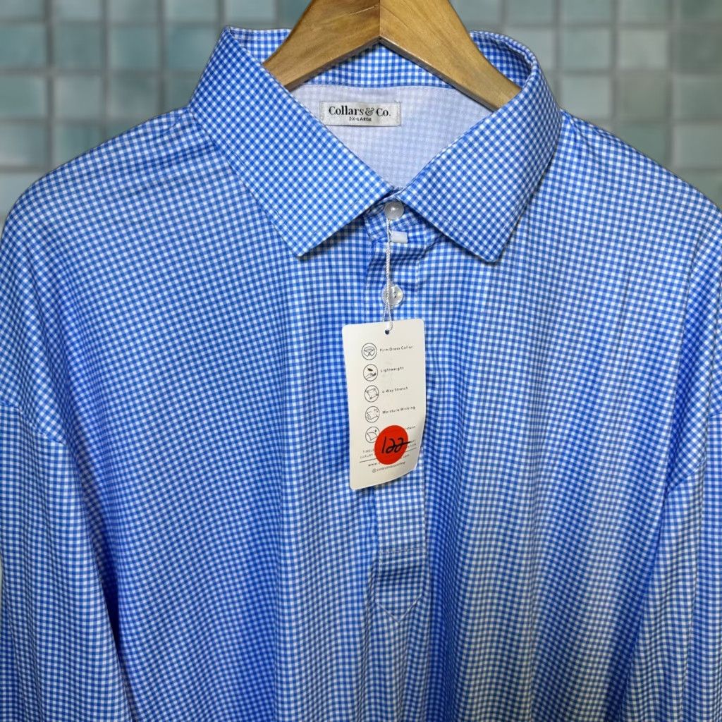CO Collars & Co. Dress Collar Polo Long Sleeve Gingham Blue 2XL Men" Size US XXL / EU 58 / 5 - 1 Thumbnail