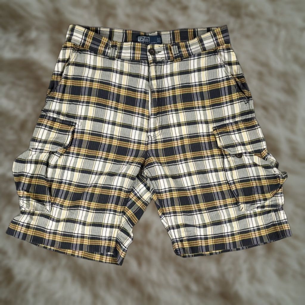 VINTAGE Ralph Lauren Cargo Shorts Mens 32 Blue Plaid Casual - Main Image