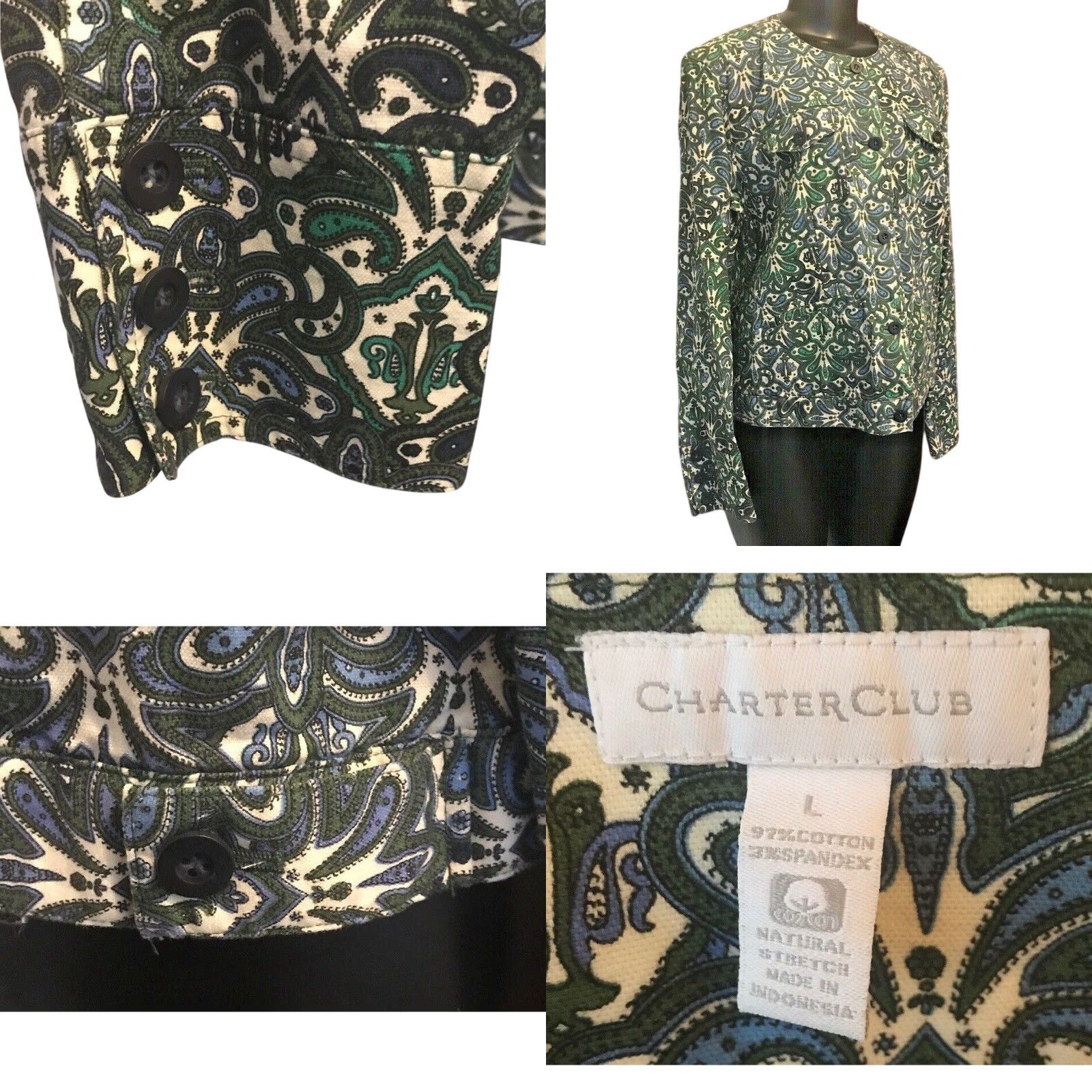 Charter Club VINTAGE Charter Club Womens Jacket Button Down Paisley Green Blue Cotton Spandex Chest 22" Large Womens Size L / US 10 / IT 46 - 8 Thumbnail