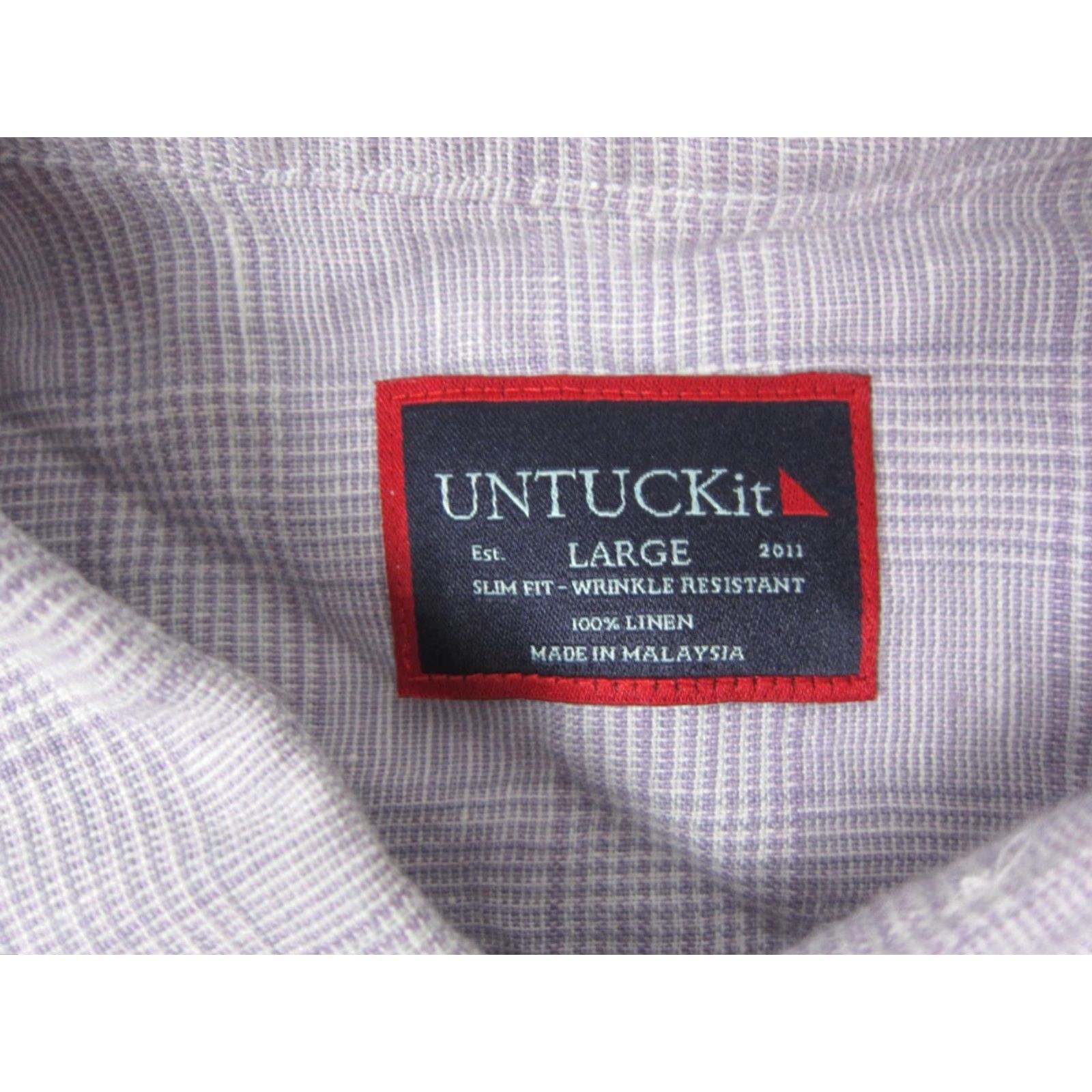 UNTUCKit UNTUCKit Shirt Large Purple Plaid 100% Linen Slim Fit Button Mens Formal Shirt Size 42R - 3 Thumbnail
