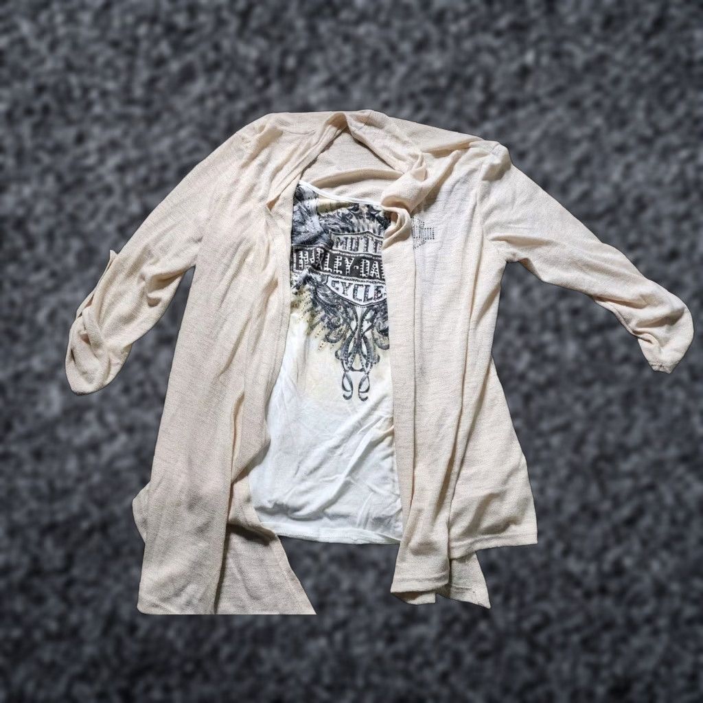 Harley Davidson VINTAGE Harley-Davidson Women's Cardigan Sweater 2-in-1 Open Lace Rhinestone Long Sleeve Beige 90s Motorcycle Oversized Size L / US 10 / IT 46 - 1 Thumbnail