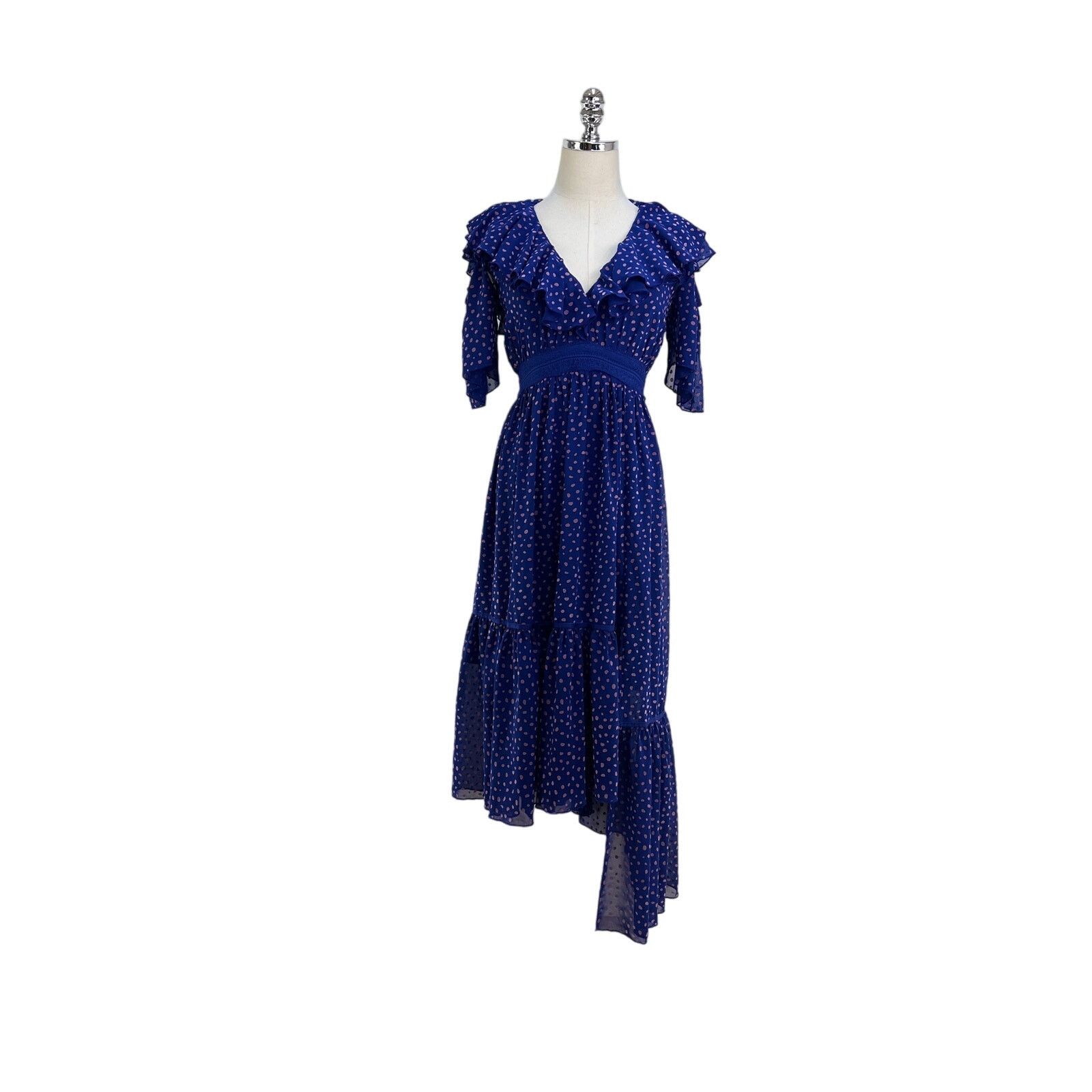 Other Three Floor Polka Dot Ada Dress Blue Ruffles V Neck Midi Size S / US 4 / IT 40 - 2 Thumbnail