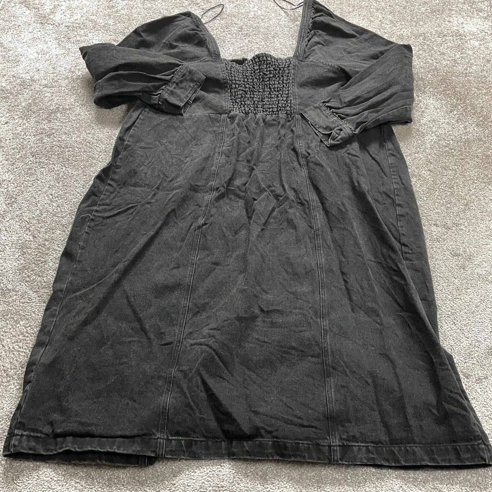 Denime Kahlana Barfield Brown Denim Shift Dress Womens 24W-26W Black Full Zip Smocked Midi Puff Sleeve Size 4XL / US 24-26 - 2 Thumbnail