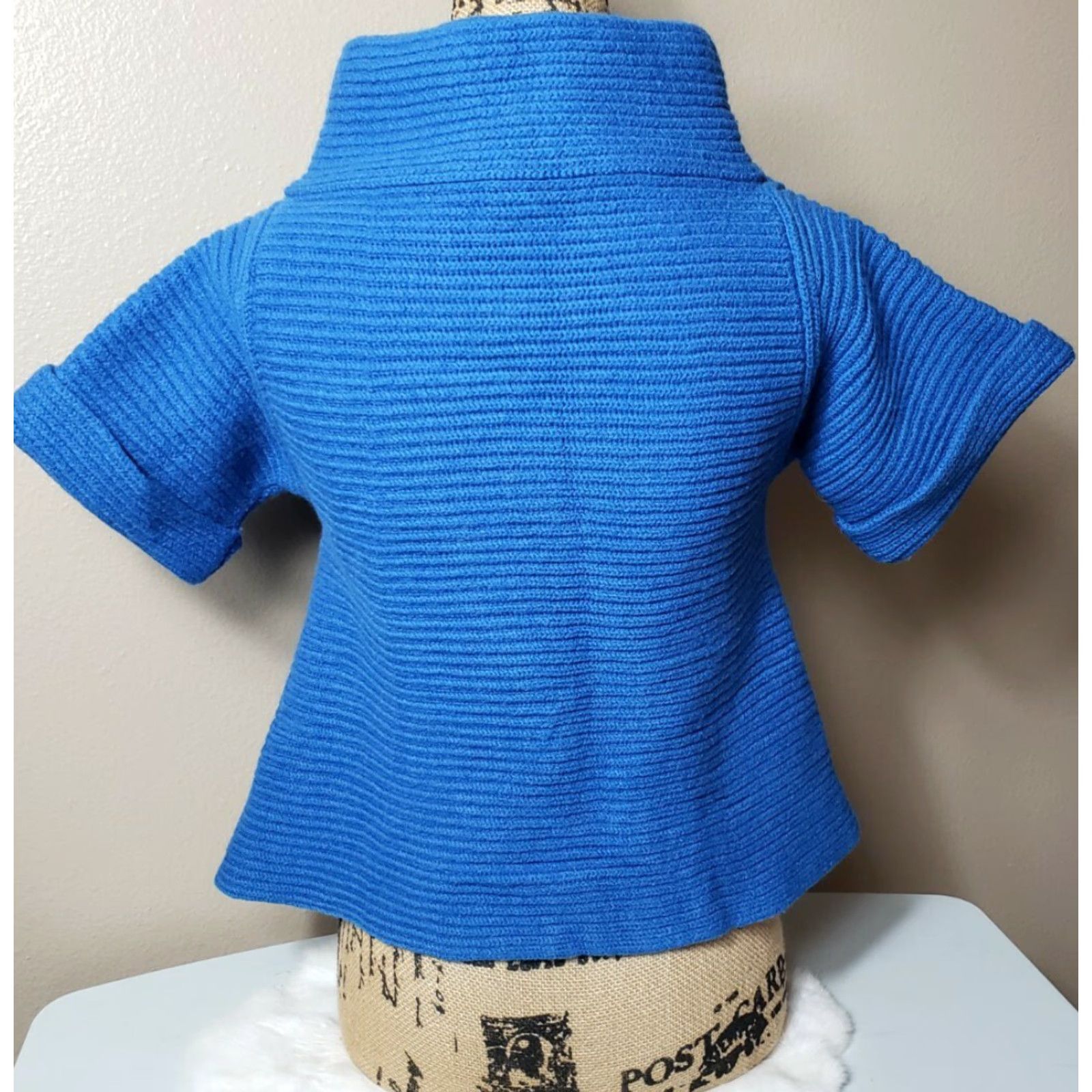 Piazza Sempione Piazza Sempione Cardigan - Chunky Ribbed Short Sleeve Topper - Blue - 44/US 8 - 100% Virgin Wool - Mock Neck - Button Closure - A-line - Women Size 30" / US 8 / IT 44 - 3 Thumbnail