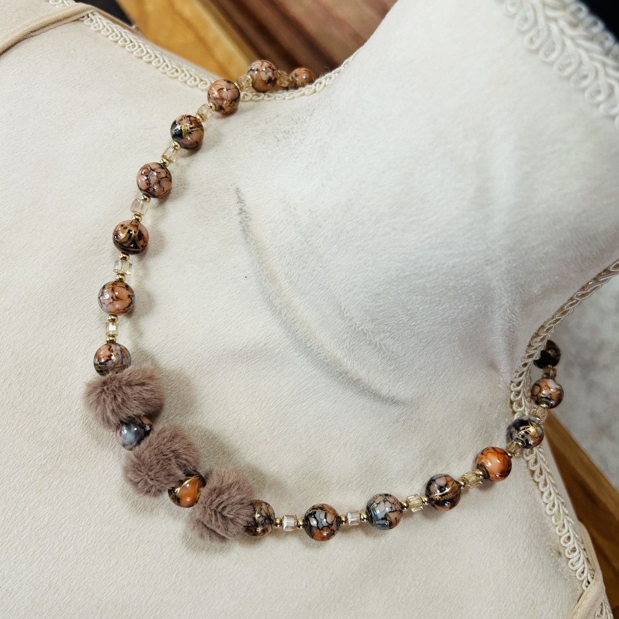 Handmade Handcrafted brown tone faux fur art glass bead necklace Size ONE SIZE - 1 Thumbnail