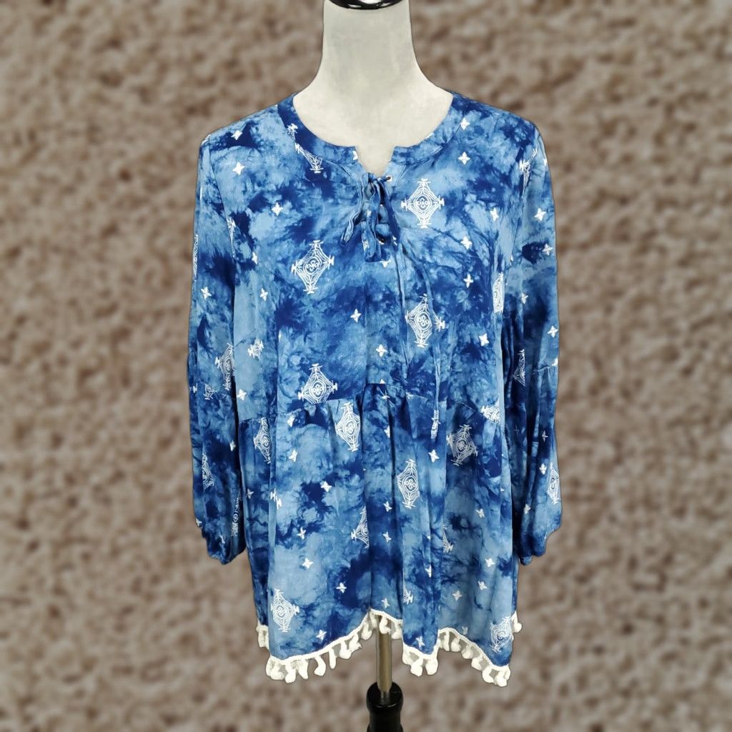 Vintage Calessa Tunic Womens XL Blue White Tie Dye Geometric Tasseled Boho Blouse Size XL / US 12-14 / IT 48-50 - 1 Thumbnail