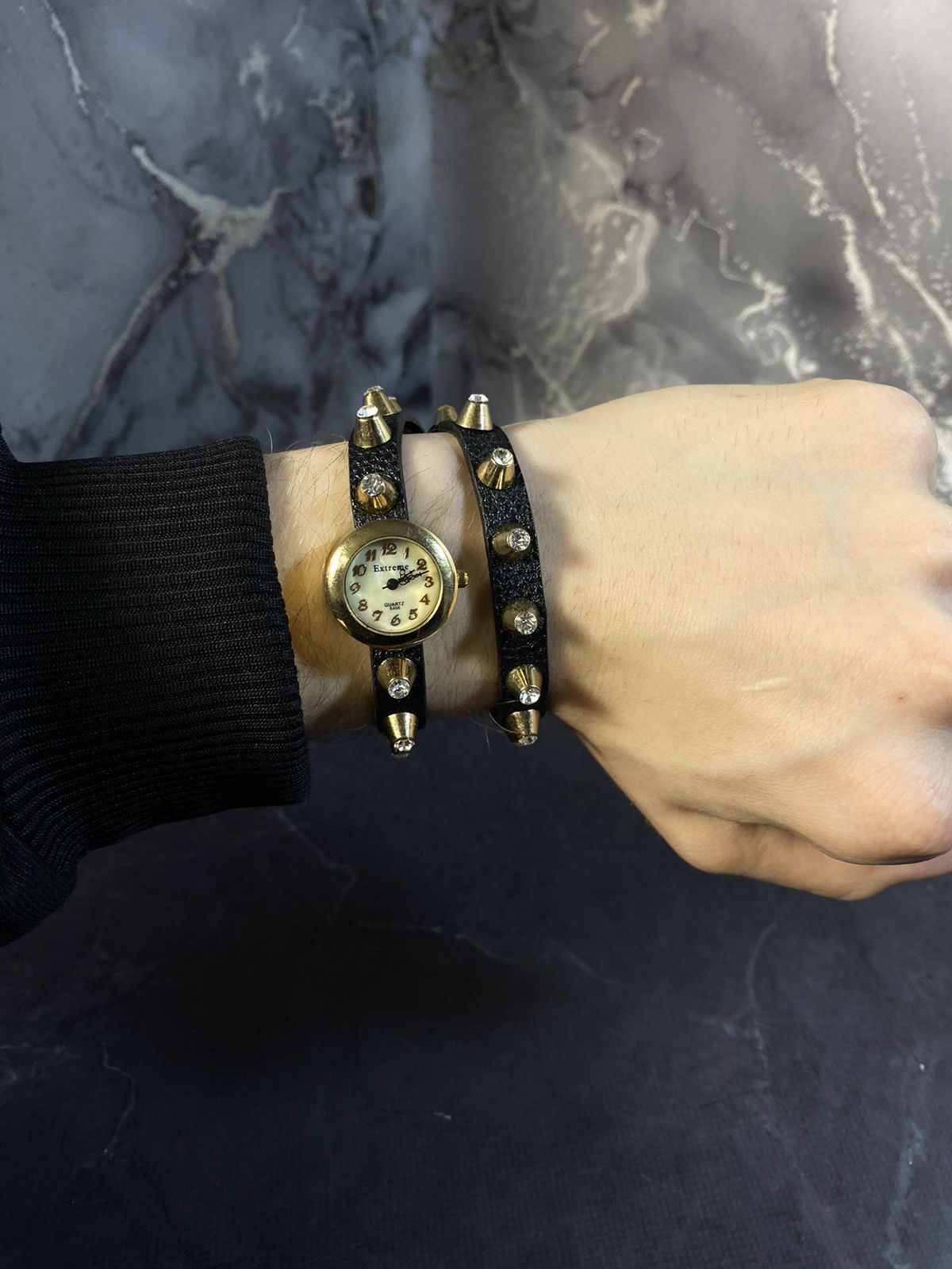 Jewelry × Vintage Extreme Dual Wrap Studded Black Strap Watch Japanese Brand Size ONE SIZE - 4 Thumbnail
