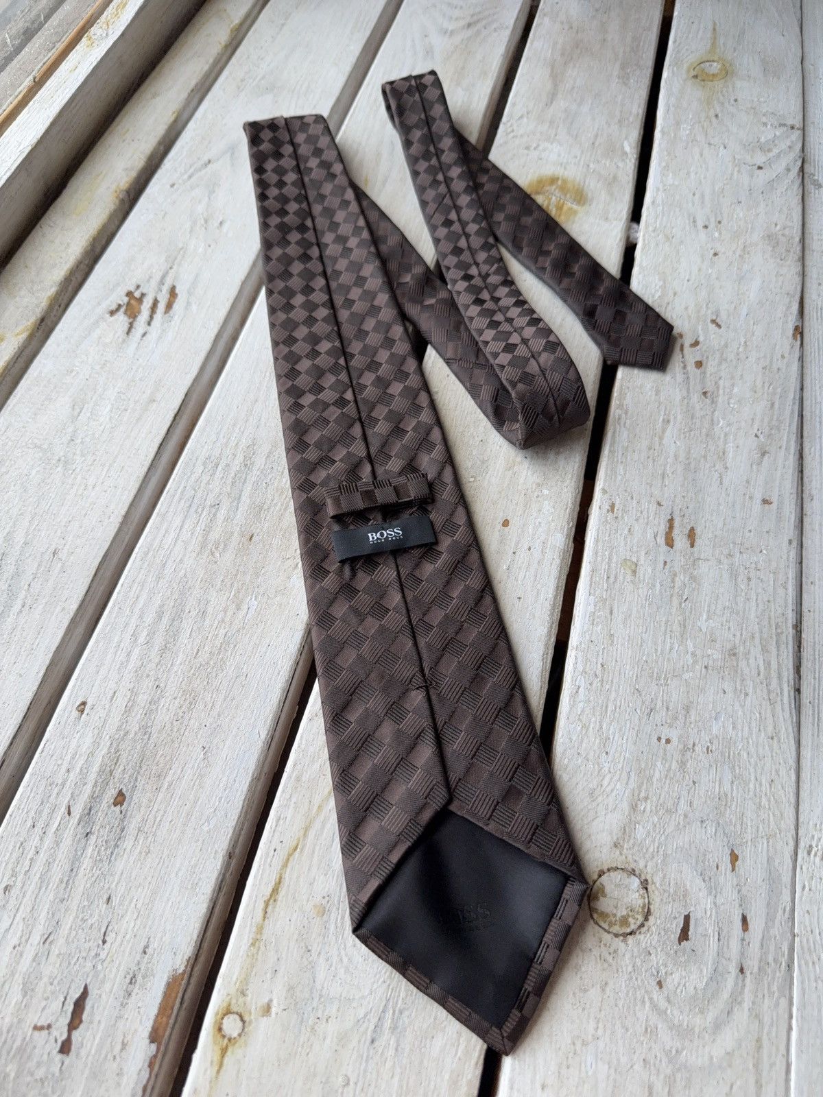 Designer × Hugo Boss Hugo Boss Brown Geometric Silk Tie Checkered Pattern Size ONE SIZE - 5 Thumbnail