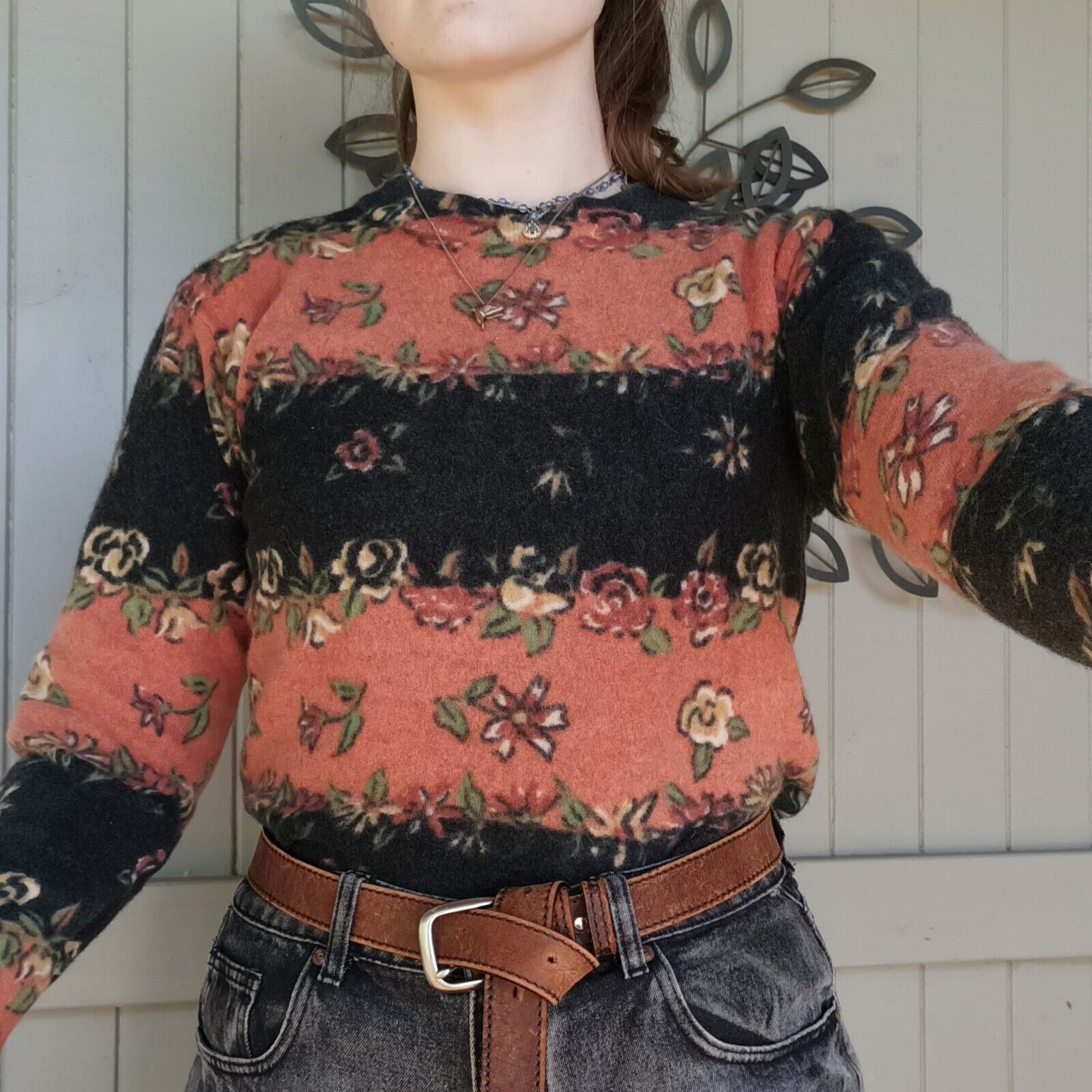 Other Vintage 80s 90s Sweater Orange Floral Striped Lambswool Size M / US 6-8 / IT 42-44 - 1 Thumbnail