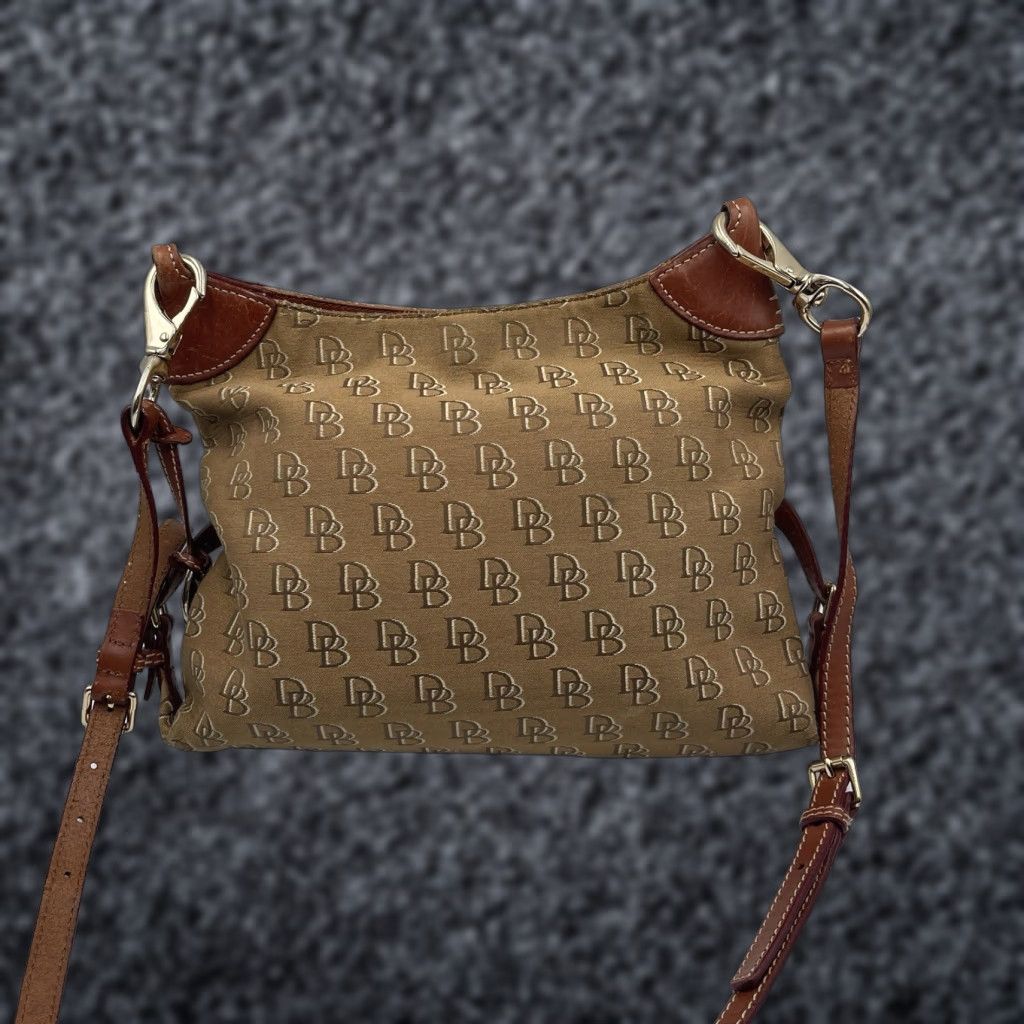Dooney & Bourke VINTAGE Dooney & Bourke Monogram Shoulder Bag Crossbody Purse Brown Canvas Leather Pebbled Gold Hardware Women Size ONE SIZE - 1 Thumbnail