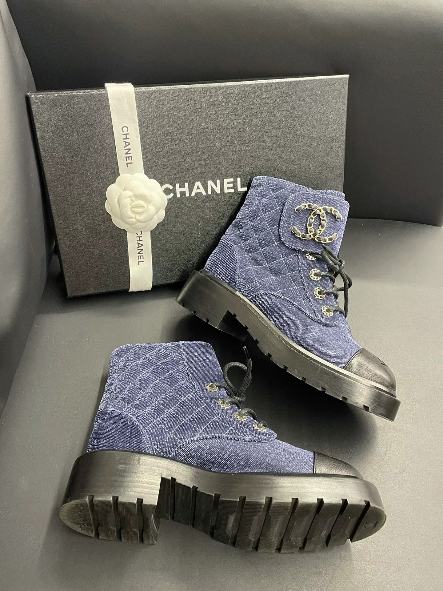 Chanel Chanel Blue-Black Velvet Patent Boots Size US 5 / IT 35 - 1 Thumbnail