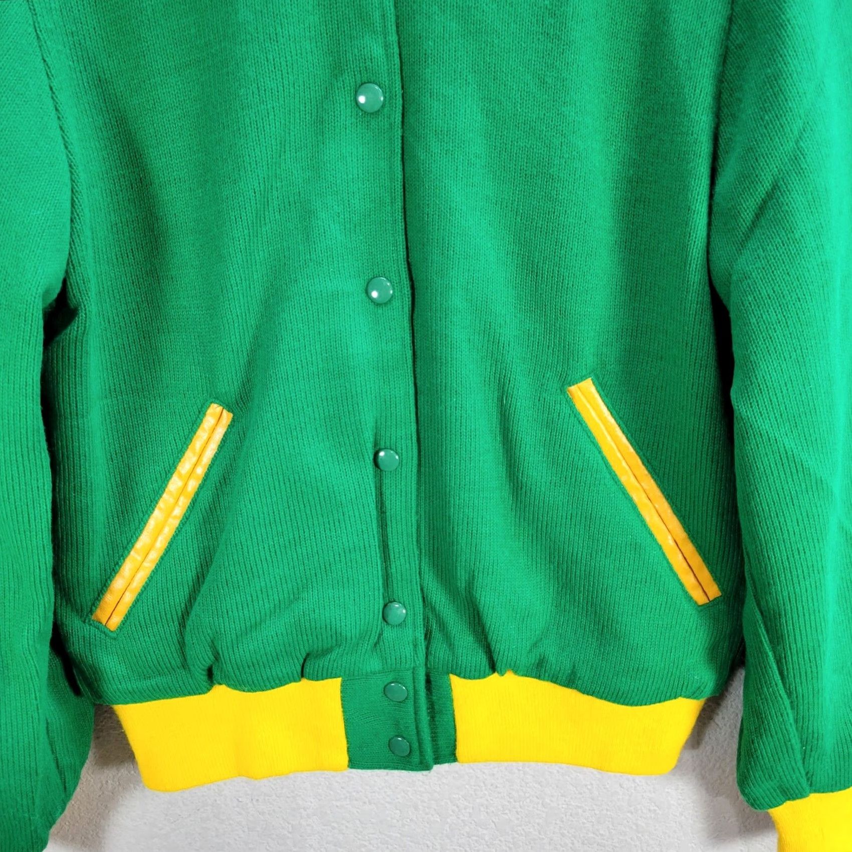 Vintage Vtg Cheerleader Jacket Womens Bomber Knit Lined Sz M Green Sn ap Button Logo 1970s Snap Buttons Wool Wool? Size M / US 6-8 / IT 42-44 - 6 Thumbnail