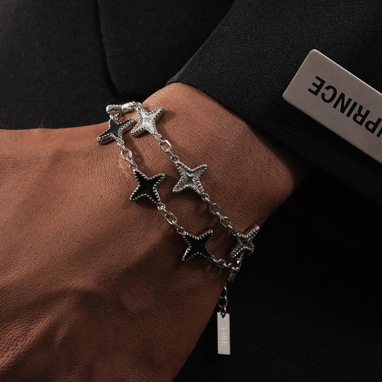 Jewelry Silver and Black Star Link Chain Bracelet, Men's Accessory Size ONE SIZE - 3 Thumbnail