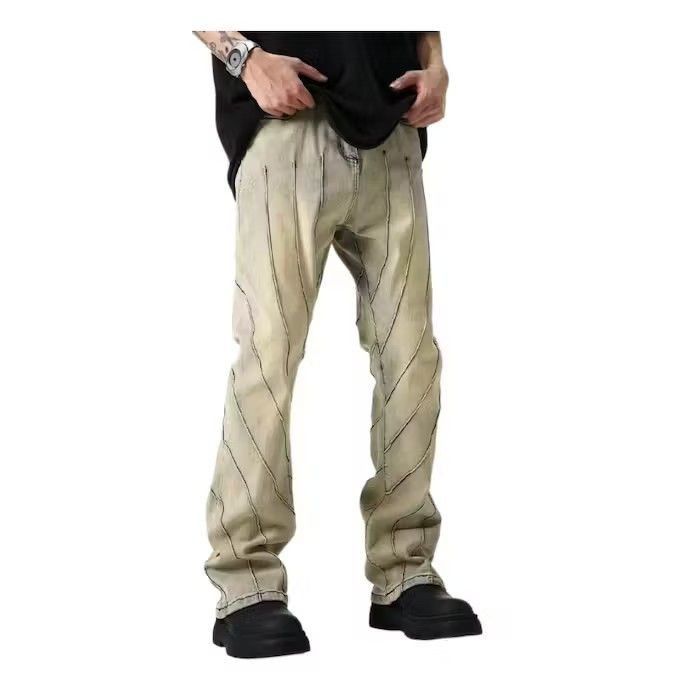 image of Striped Beige Stacked Denim Jeans, Men's (Size 32)