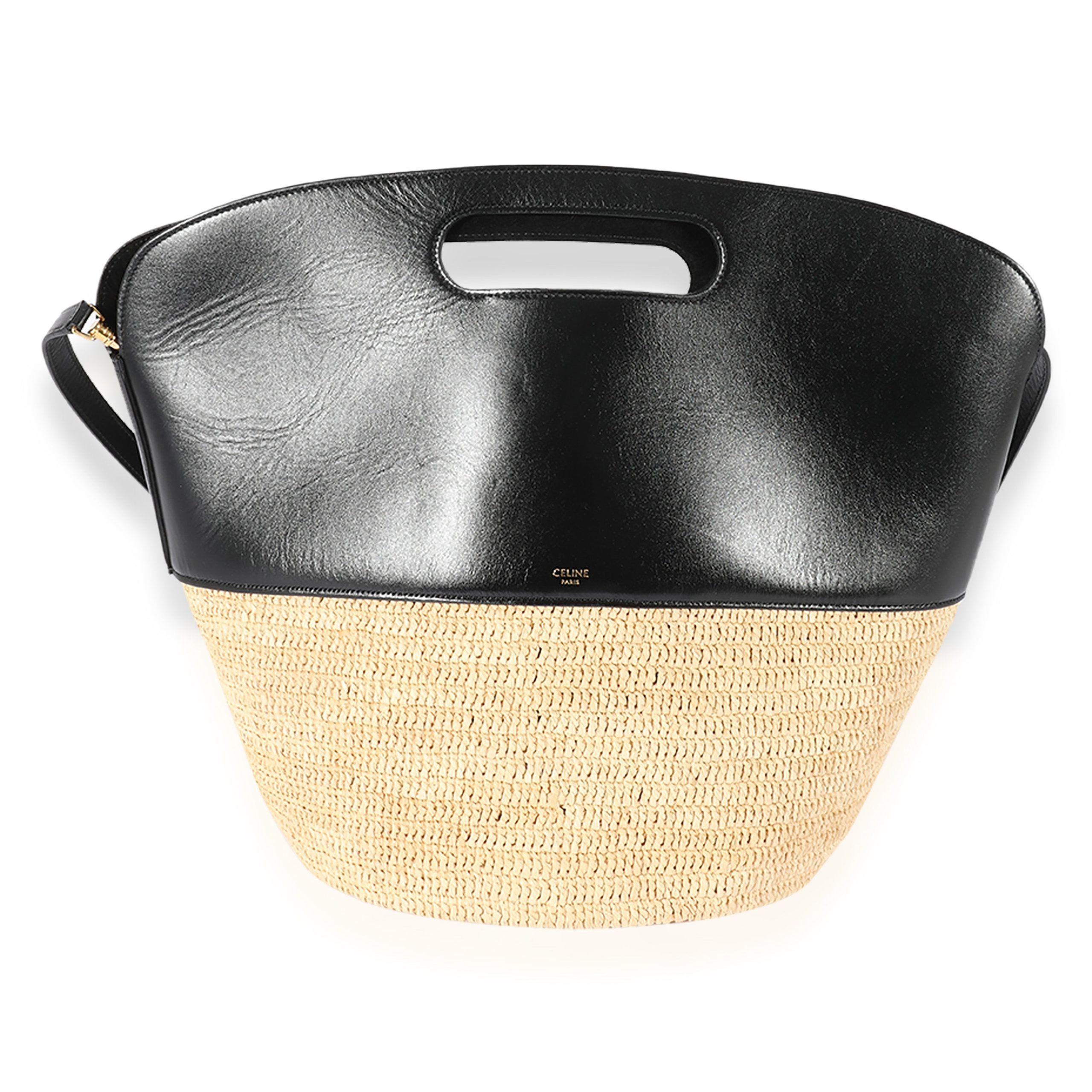 image of Celine Black Calfskin & Raffia Basket Bag, Women's