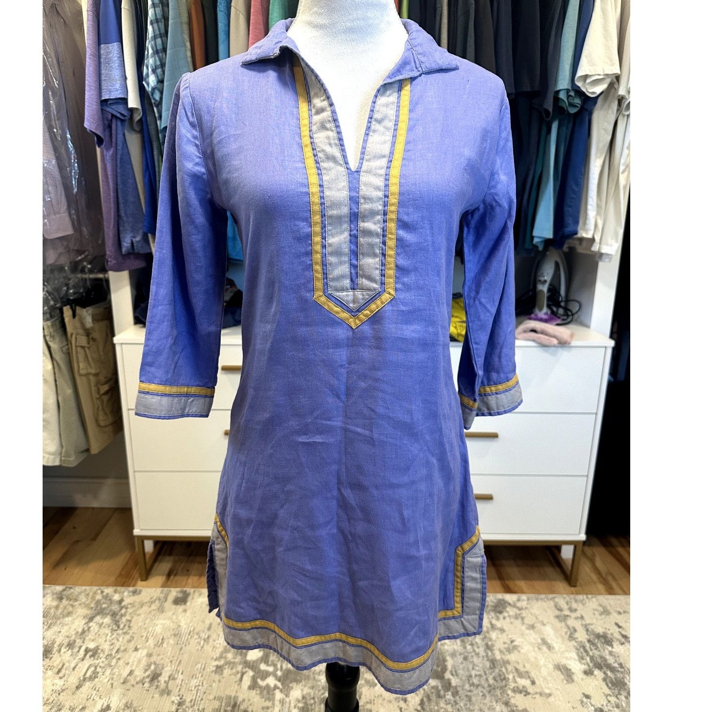 Guru Guru Purple 100% Linen V Neck 3/4 Sleeve Kurta Caftan XS Size XS / US 0-2 / IT 36-38 - 1 Thumbnail
